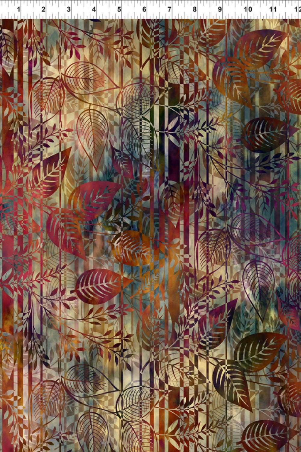 Falling Leaves Multi Leaf Stripe fabric by Jason Yenter for In The Beginning Fabrics with ruler showing print scale – dramatic botanical leaf silhouettes and fern fronds over vertical stripe geometric background in rich jewel tones, 100% cotton, 3 yard cut