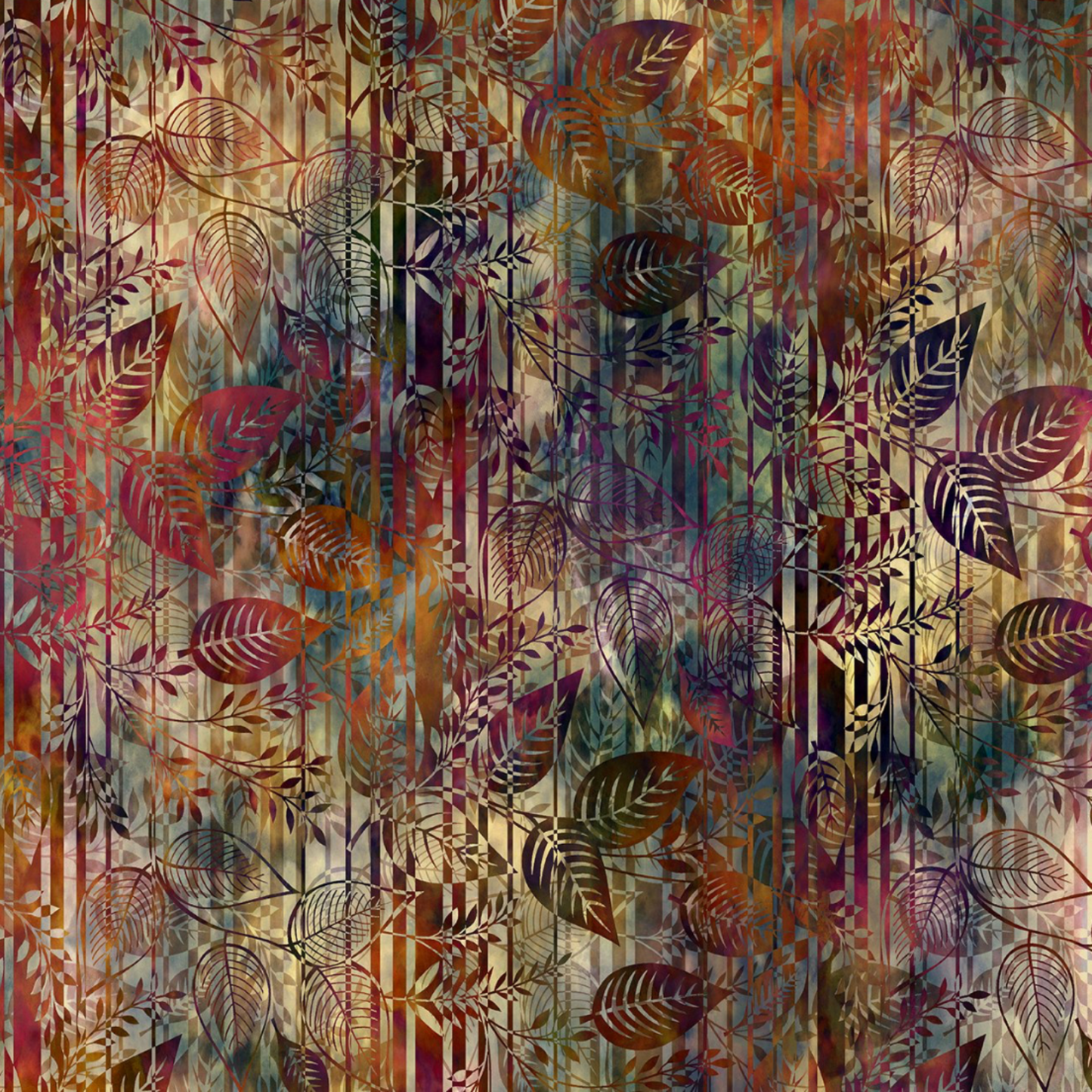 Falling Leaves Multi Leaf Stripe quilting cotton fabric showing large-scale botanical leaf silhouettes over vertical stripe geometric background – jewel tones of burgundy, plum, purple, teal, and burnt orange by Jason Yenter for In The Beginning Fabrics, 100% cotton, 3 yard cut