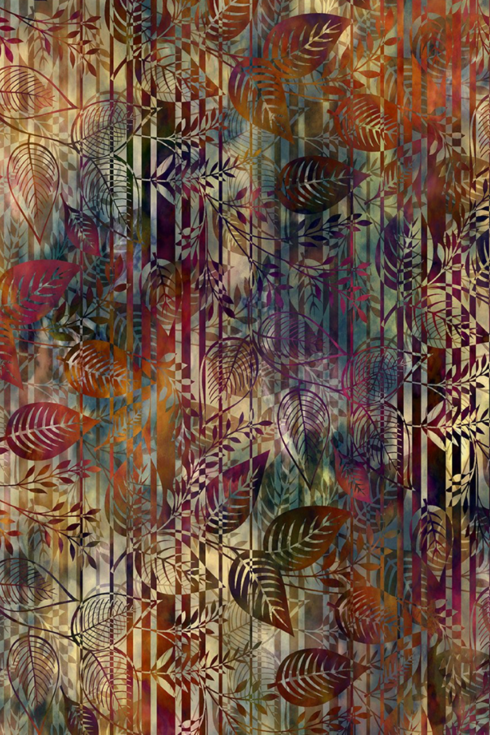 Falling Leaves Multi Leaf Stripe fabric by Jason Yenter for In The Beginning Fabrics – dramatic large-scale botanical leaf silhouettes and fern fronds over vertical stripe geometric background in jewel tones of burgundy, plum, purple, teal, and burnt orange, perfect for bold autumn quilt projects, 100% cotton, 3 yard cut
