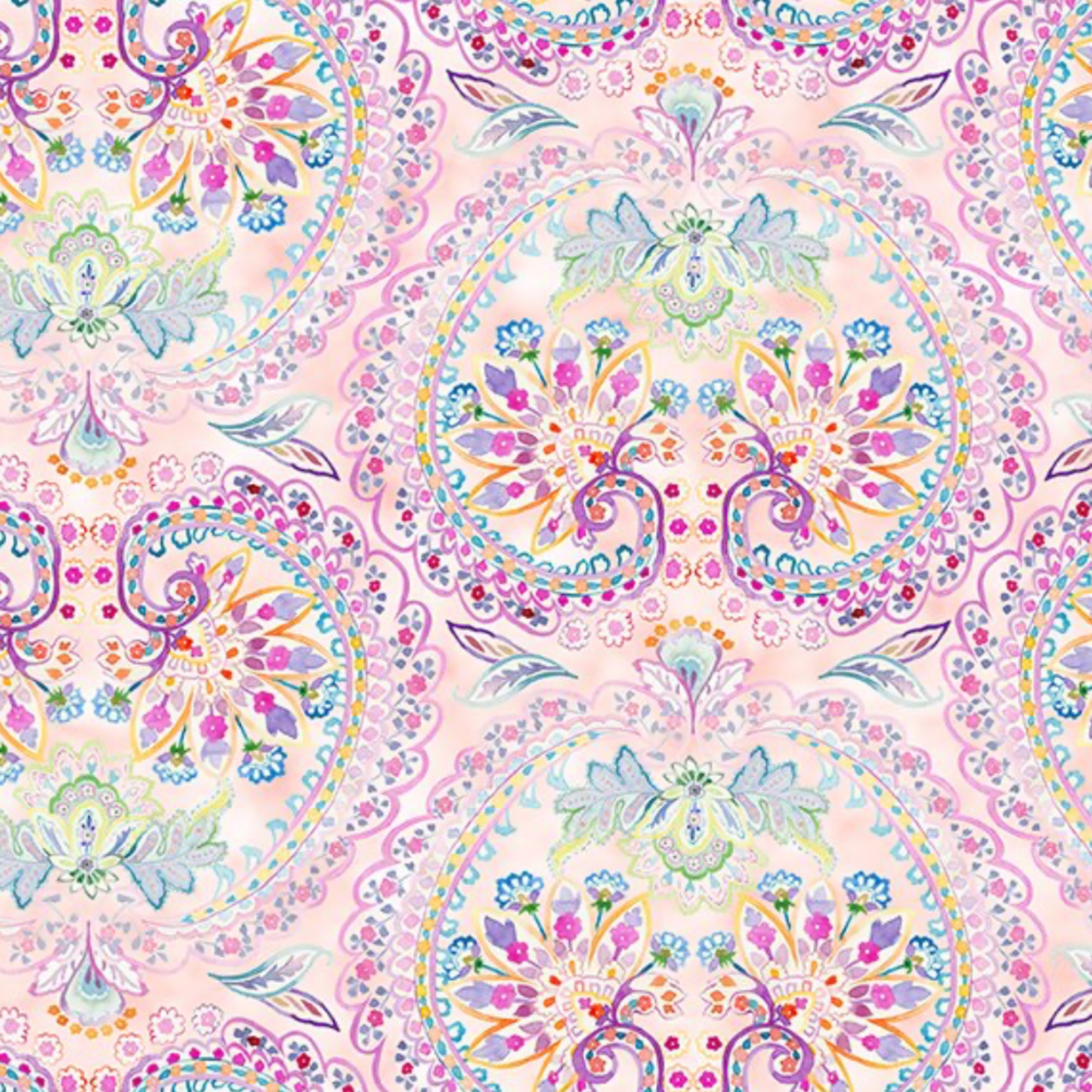 Daydreams Multi Floral Paisley quilting cotton fabric showing large-scale ornate floral medallion and paisley damask pattern – dreamy watercolor pastels of pink, lavender, purple, teal, and blue on soft blush ground by Jason Yenter for In The Beginning Fabrics, digitally printed, 100% cotton, 3 yard cut