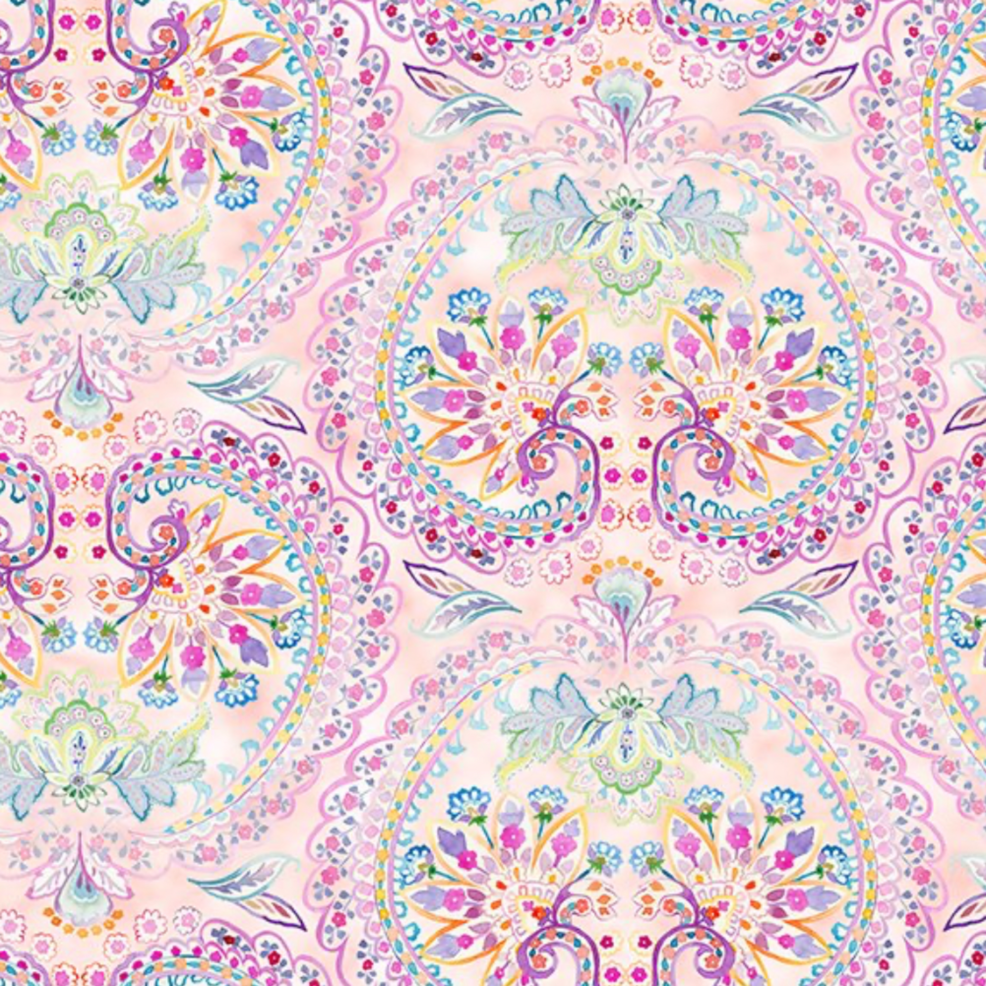Daydreams Multi Floral Paisley quilting cotton fabric showing large-scale ornate floral medallion and paisley damask pattern – dreamy watercolor pastels of pink, lavender, purple, teal, and blue on soft blush ground by Jason Yenter for In The Beginning Fabrics, digitally printed, 100% cotton, 3 yard cut