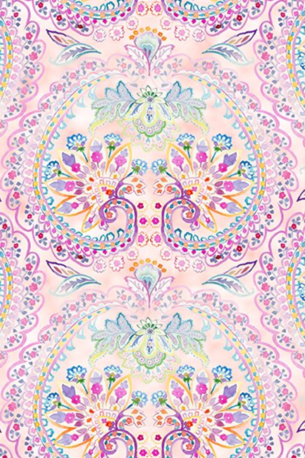 Daydreams Multi Floral Paisley fabric by Jason Yenter for In The Beginning Fabrics – large-scale ornate floral medallions and swirling paisley damask in dreamy watercolor pastels of pink, lavender, purple, and teal on soft blush ground, perfect for romantic spring quilt projects, digitally printed, 100% cotton, 3 yard cut