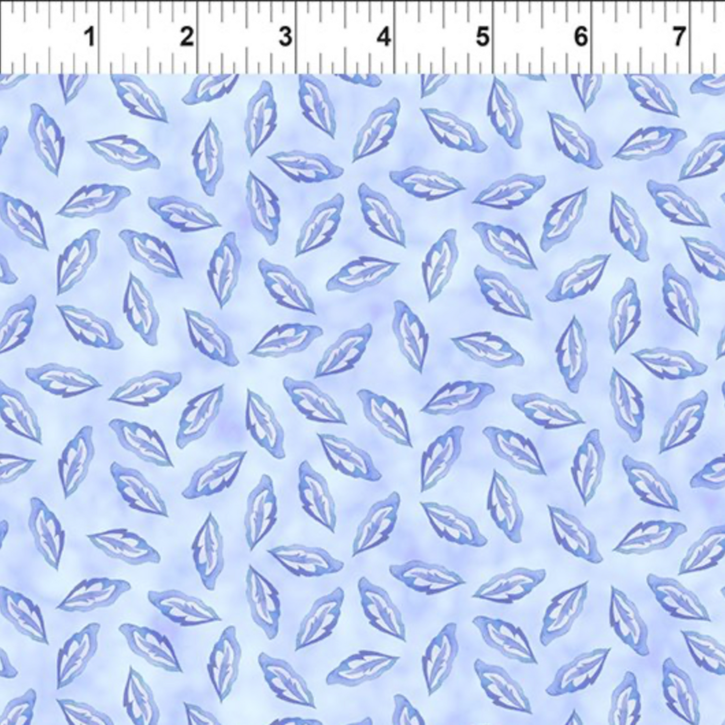 Daydreams Blue Tonal Leaves quilting cotton fabric with ruler showing scale – tossed ditsy leaf pattern in soft periwinkle and lavender on dreamy cornflower blue watercolor ground by Jason Yenter for In The Beginning Fabrics, digitally printed, 100% cotton, 3 yard cut