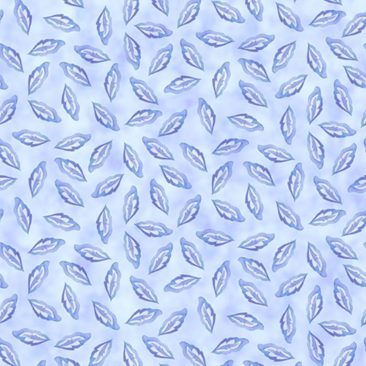 Daydreams Blue Tonal Leaves quilting cotton fabric showing allover tossed ditsy leaf pattern – soft periwinkle and lavender leaves on dreamy cornflower blue watercolor ground by Jason Yenter for In The Beginning Fabrics, digitally printed, 100% cotton, 3 yard cut