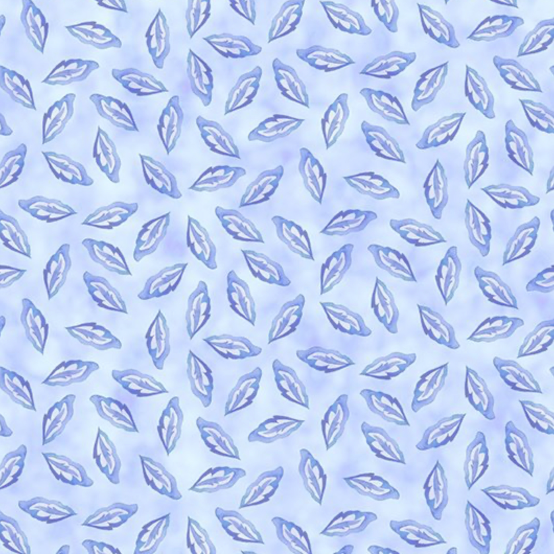 Daydreams Blue Tonal Leaves quilting cotton fabric showing allover tossed ditsy leaf pattern – soft periwinkle and lavender leaves on dreamy cornflower blue watercolor ground by Jason Yenter for In The Beginning Fabrics, digitally printed, 100% cotton, 3 yard cut