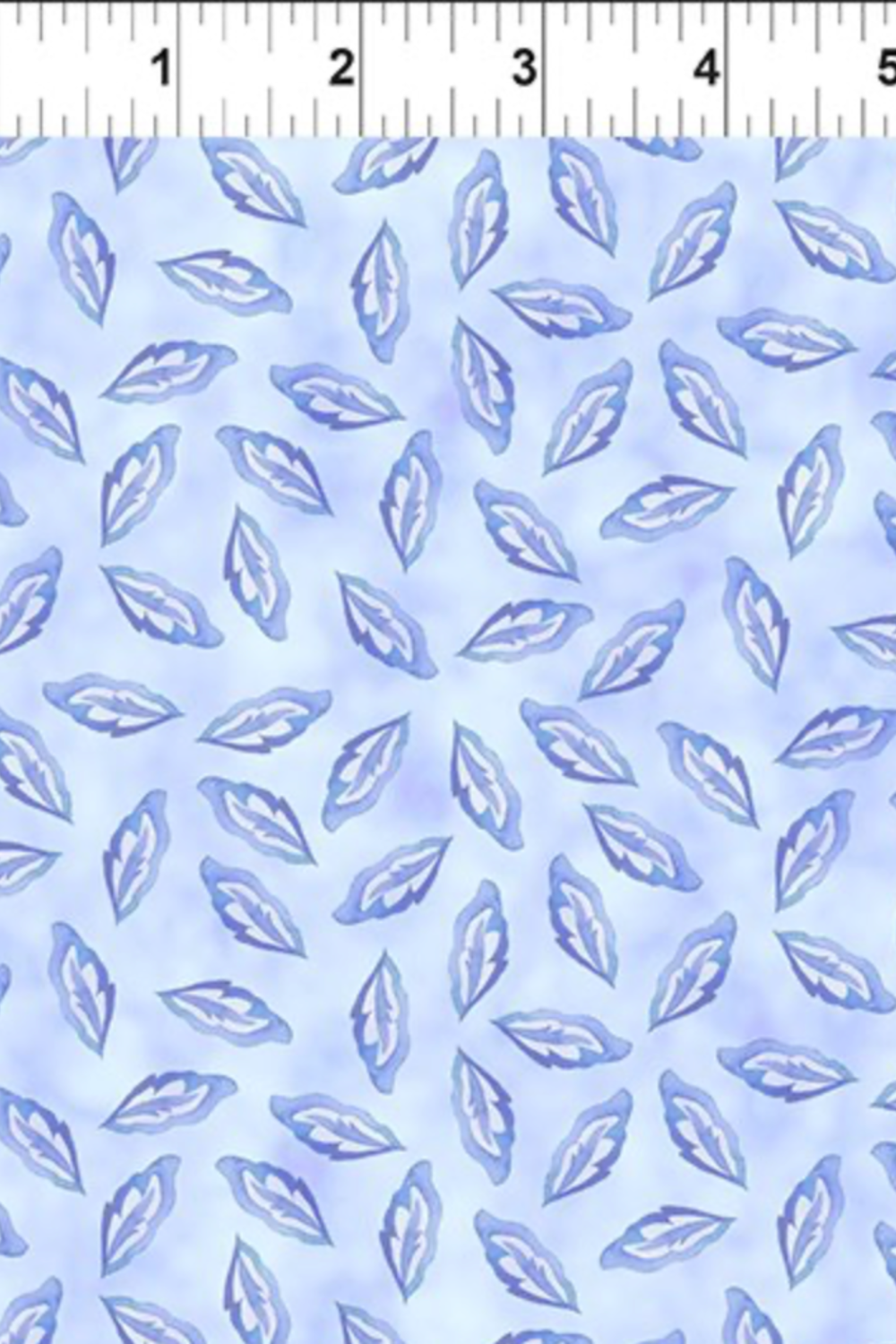 Daydreams Blue Tonal Leaves fabric by Jason Yenter for In The Beginning Fabrics with ruler showing print scale – delicate ditsy leaves in soft periwinkle and lavender on dreamy cornflower blue watercolor ground, digitally printed, 100% cotton, 3 yard cut