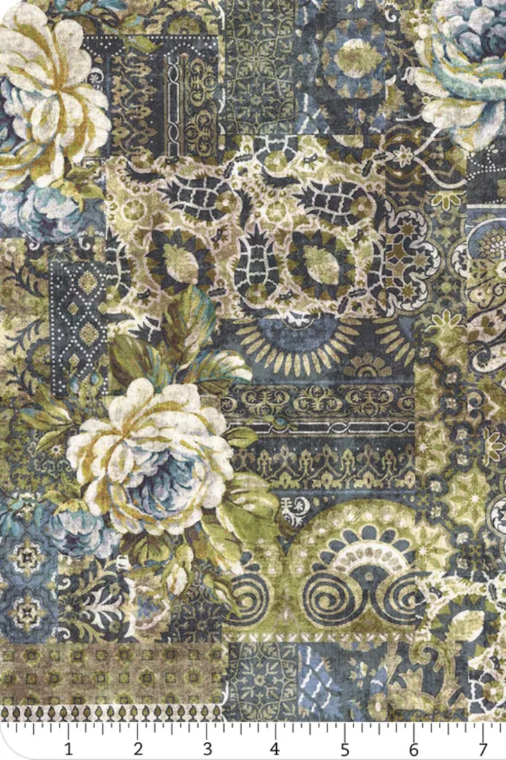 Carpet Bag Romance Blue Carpet fabric by Jason Yenter for In The Beginning Fabrics with ruler showing print scale – large-scale antique carpet patchwork with oversized ivory roses, paisley medallions, and scrollwork in charcoal, olive green, gold, and cream, perfect for vintage and statement quilt projects, 100% cotton, 3 yard cut