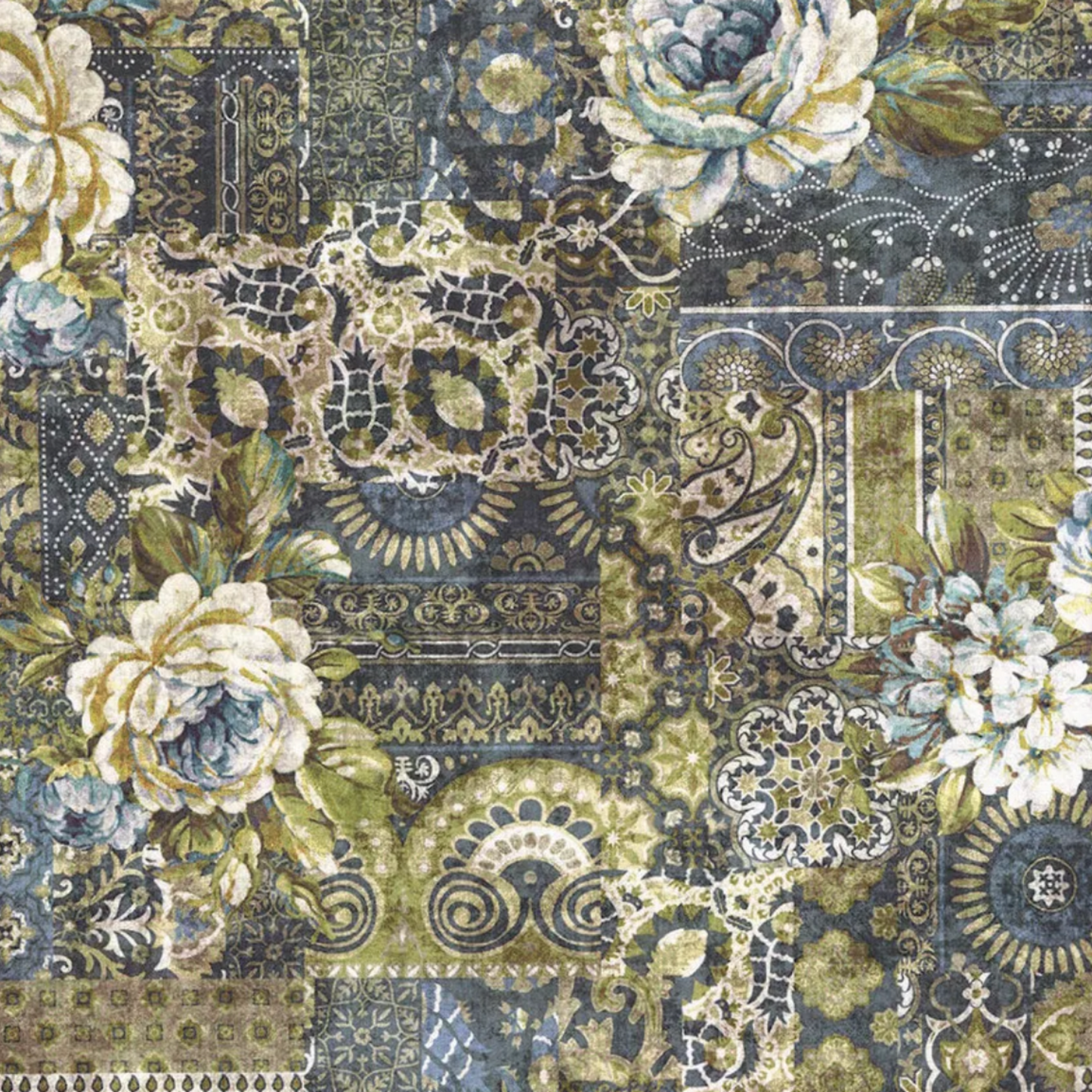 Carpet Bag Romance Blue Carpet quilting cotton fabric showing large-scale antique carpet patchwork – oversized ivory roses, paisley medallions, scrollwork, and lace motifs in charcoal, olive green, gold, and cream by Jason Yenter for In The Beginning Fabrics, 100% cotton, 3 yard cut
