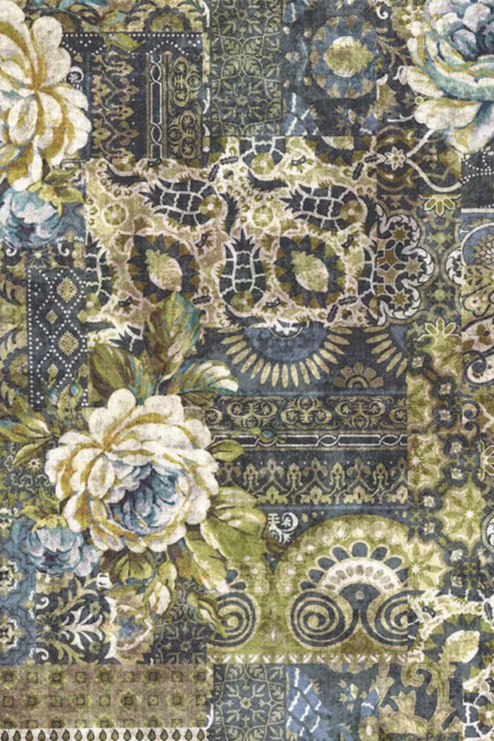 Carpet Bag Romance Blue Carpet fabric by Jason Yenter for In The Beginning Fabrics – large-scale antique carpet patchwork with oversized ivory roses, ornate paisley medallions, and scrollwork in charcoal, olive green, gold, and cream, perfect for vintage and statement quilt projects, 100% cotton, 3 yard cut