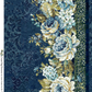 Carpet Bag Romance Blue Border Print fabric by Jason Yenter for In The Beginning Fabrics showing full horizontal border – lush ivory and blue roses with white hydrangeas and olive foliage on deep navy damask ground, perfect for fussy-cut borders and statement quilt projects, 100% cotton, 3 yard cut