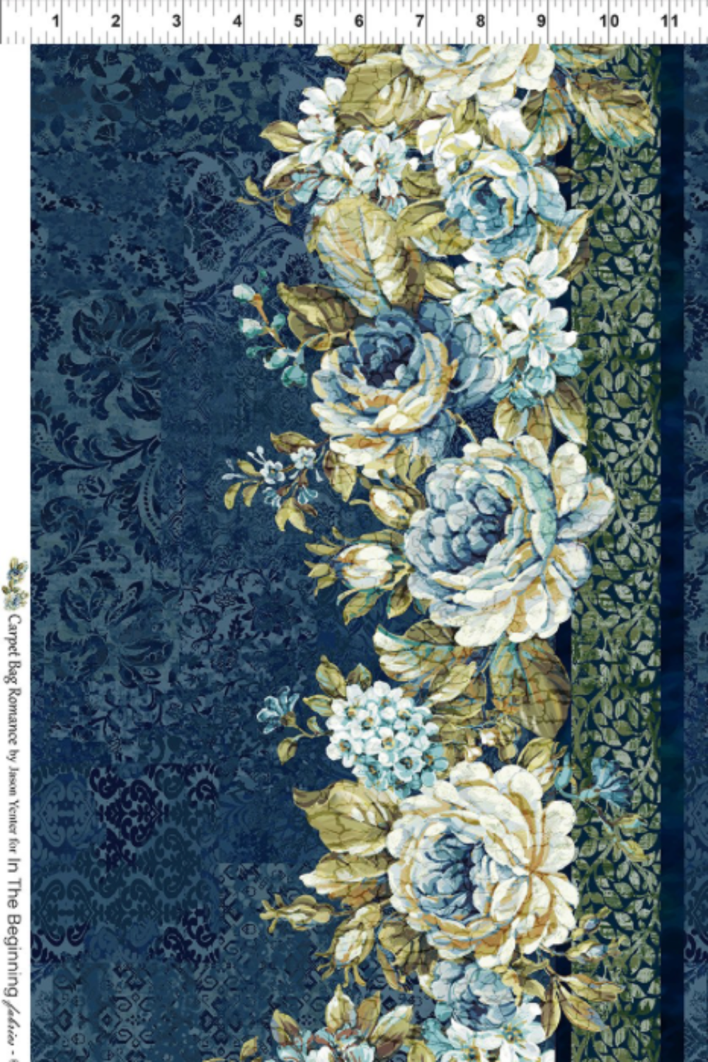 Carpet Bag Romance Blue Border Print fabric by Jason Yenter for In The Beginning Fabrics showing full horizontal border – lush ivory and blue roses with white hydrangeas and olive foliage on deep navy damask ground, perfect for fussy-cut borders and statement quilt projects, 100% cotton, 3 yard cut