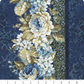 Carpet Bag Romance Blue Border Print quilting cotton fabric with ruler showing scale – lush cascading floral garland stripe with ivory and blue roses, white hydrangeas, and olive foliage on deep navy damask ground by Jason Yenter for In The Beginning Fabrics, 100% cotton, 3 yard cut