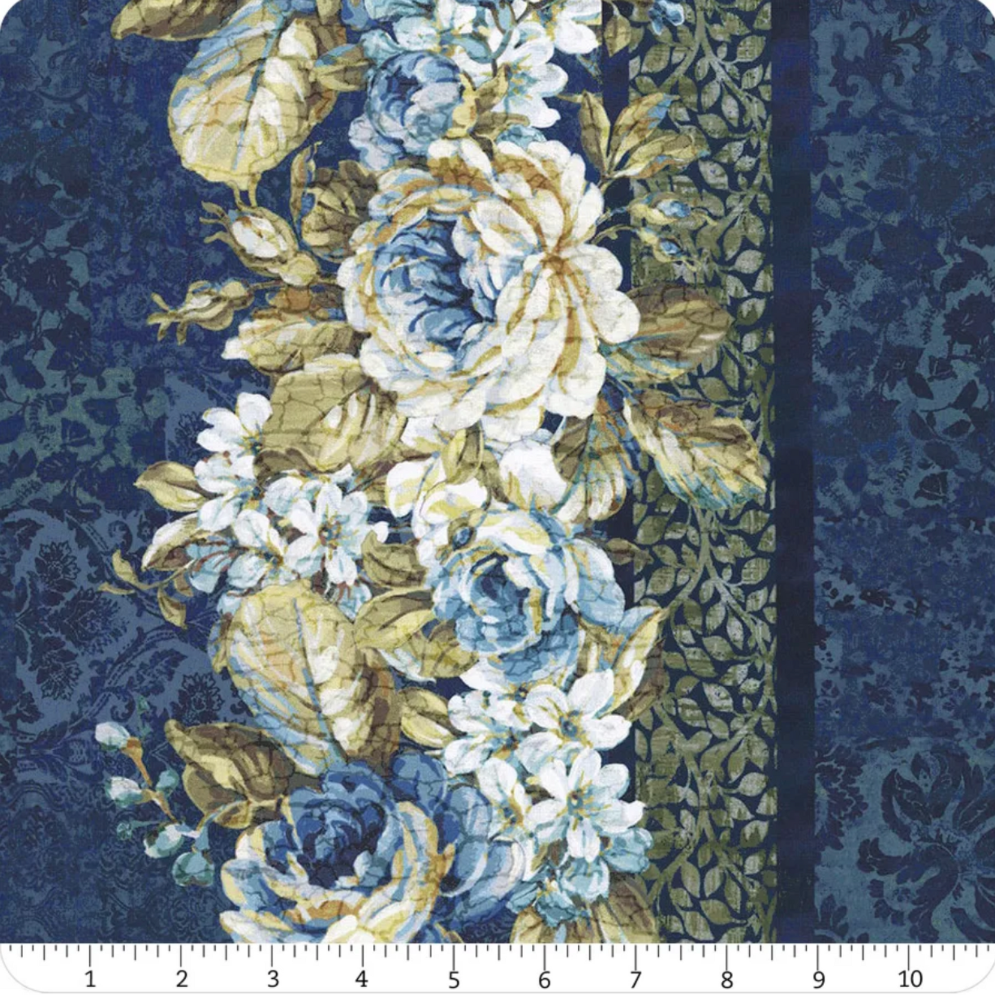 Carpet Bag Romance Blue Border Print quilting cotton fabric with ruler showing scale – lush cascading floral garland stripe with ivory and blue roses, white hydrangeas, and olive foliage on deep navy damask ground by Jason Yenter for In The Beginning Fabrics, 100% cotton, 3 yard cut