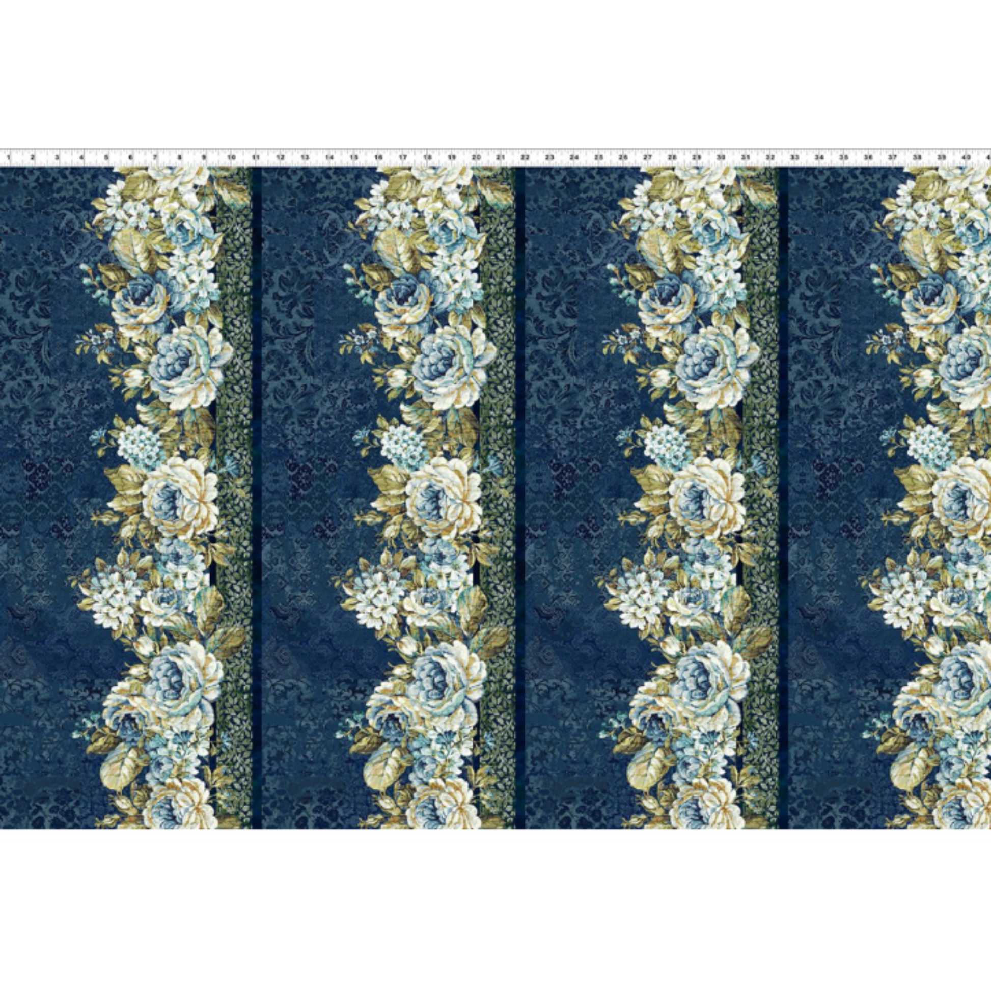 Carpet Bag Romance Blue Border Print fabric by Jason Yenter for In The Beginning Fabrics showing full width repeat – four cascading floral garland stripes with ivory and blue roses on deep navy damask ground, perfect for fussy-cut borders and vintage quilt projects, 100% cotton, 3 yard cut