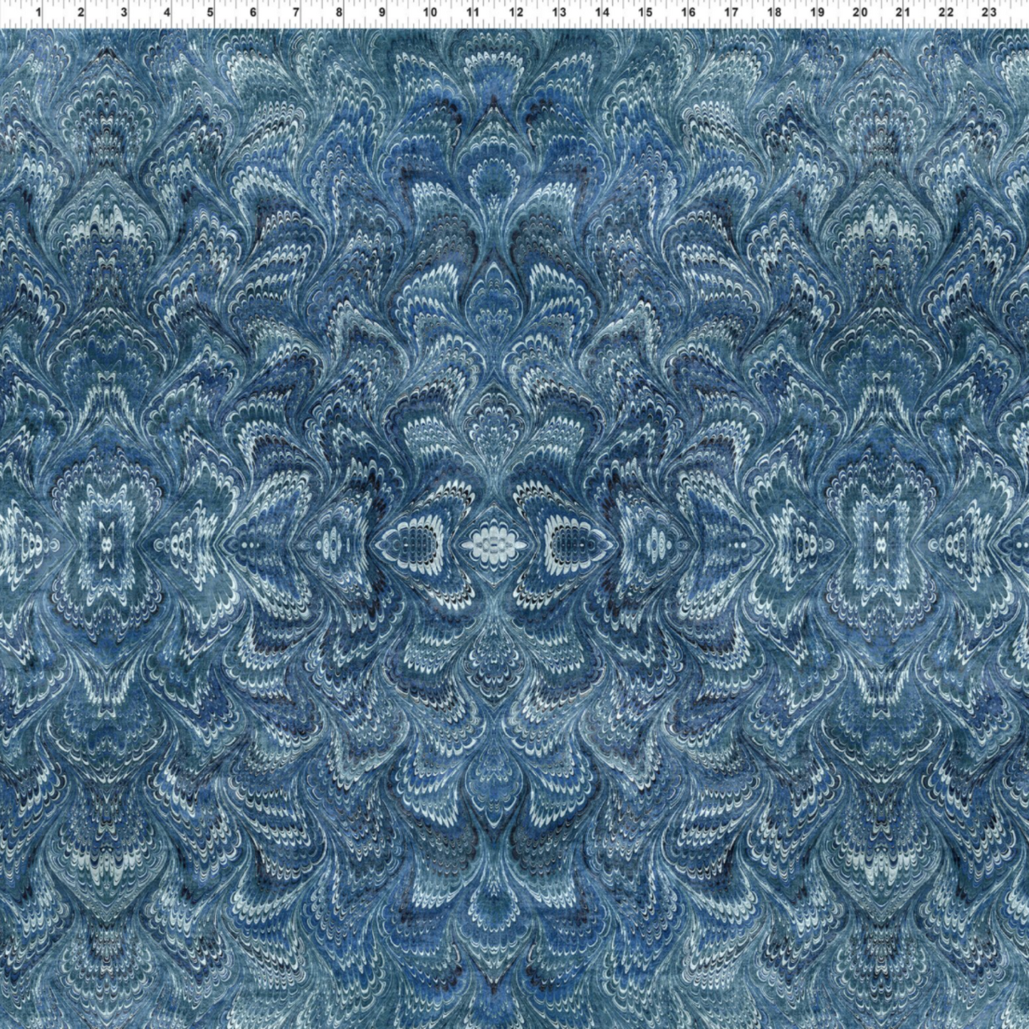Carpet Bag Romance Blue Marble quilting cotton fabric with ruler showing scale – intricate symmetrical marbled damask with kaleidoscopic feathered medallion pattern in deep steel blue, slate, and navy with shimmering white highlights by Jason Yenter for In The Beginning Fabrics, 100% cotton, 3 yard cut