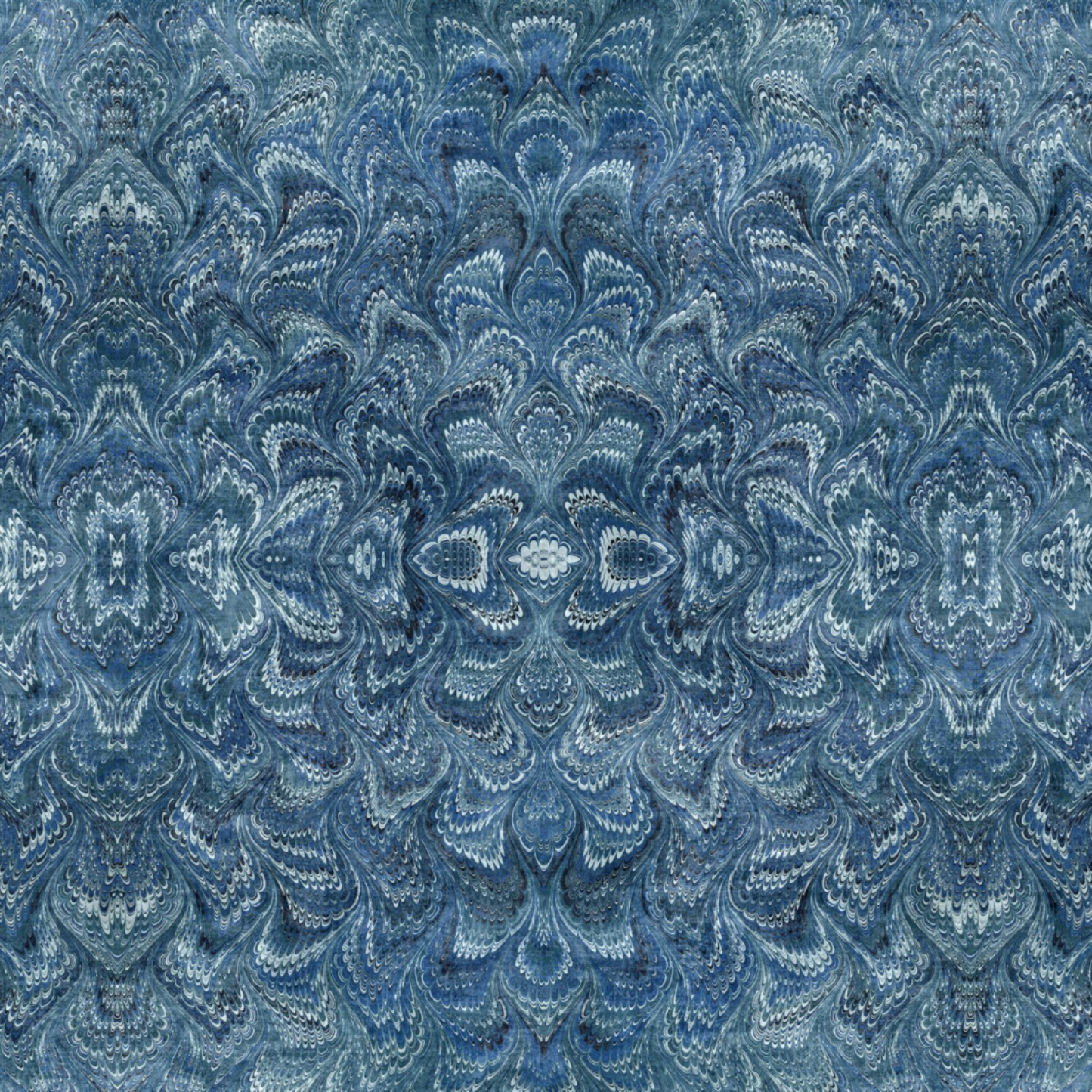 Carpet Bag Romance Blue Marble quilting cotton fabric showing intricate symmetrical marbled damask – kaleidoscopic feathered medallion pattern in deep steel blue, slate, and navy with shimmering white highlights by Jason Yenter for In The Beginning Fabrics, 100% cotton, 3 yard cut