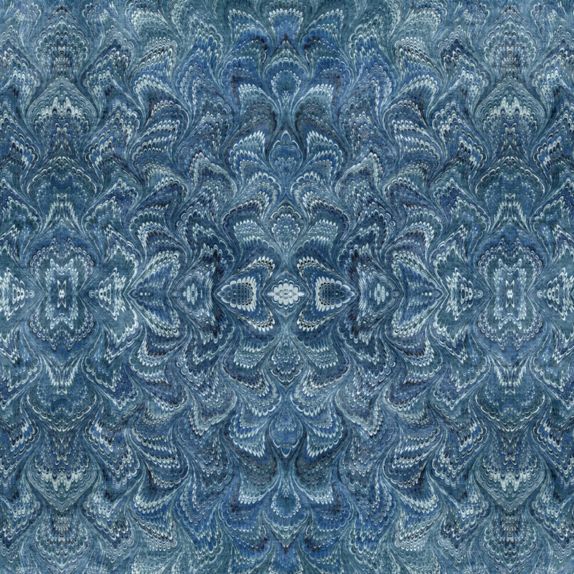 Carpet Bag Romance Blue Marble quilting cotton fabric showing intricate symmetrical marbled damask – kaleidoscopic feathered medallion pattern in deep steel blue, slate, and navy with shimmering white highlights by Jason Yenter for In The Beginning Fabrics, 100% cotton, 3 yard cut