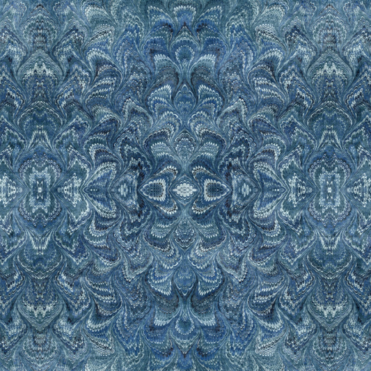 Carpet Bag Romance Blue Marble quilting cotton fabric showing intricate symmetrical marbled damask – kaleidoscopic feathered medallion pattern in deep steel blue, slate, and navy with shimmering white highlights by Jason Yenter for In The Beginning Fabrics, 100% cotton, 3 yard cut