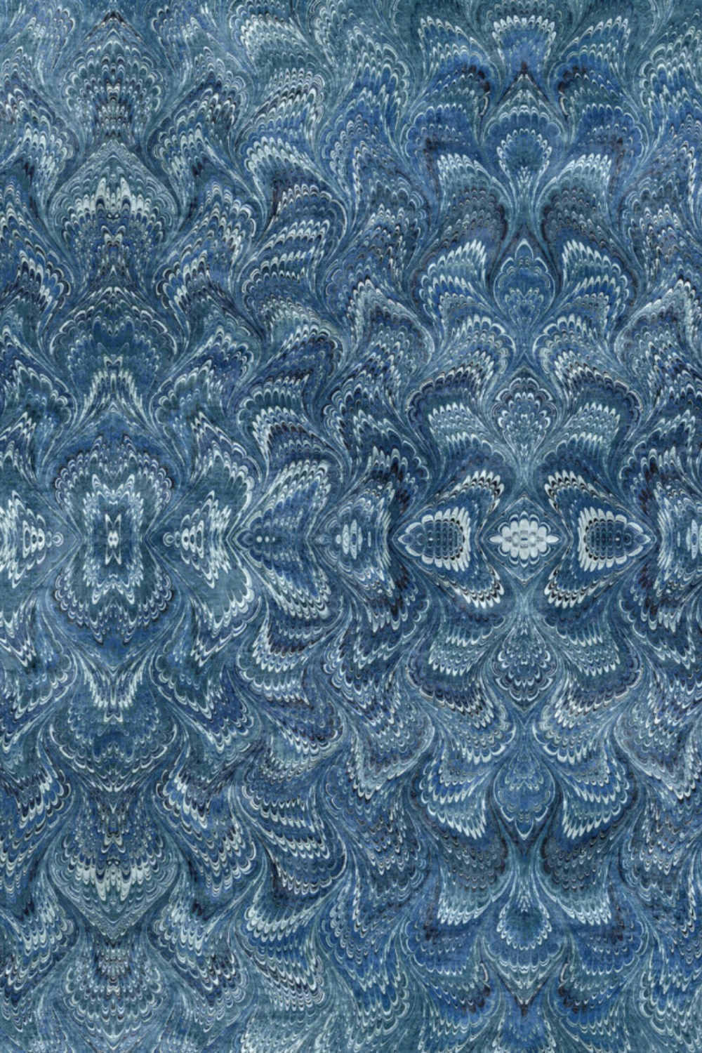 Carpet Bag Romance Blue Marble fabric by Jason Yenter for In The Beginning Fabrics – intricate symmetrical marbled damask with kaleidoscopic feathered medallion pattern in deep steel blue, slate, and navy with shimmering white highlights, perfect for vintage and antique-inspired quilt projects, 100% cotton, 3 yard cut