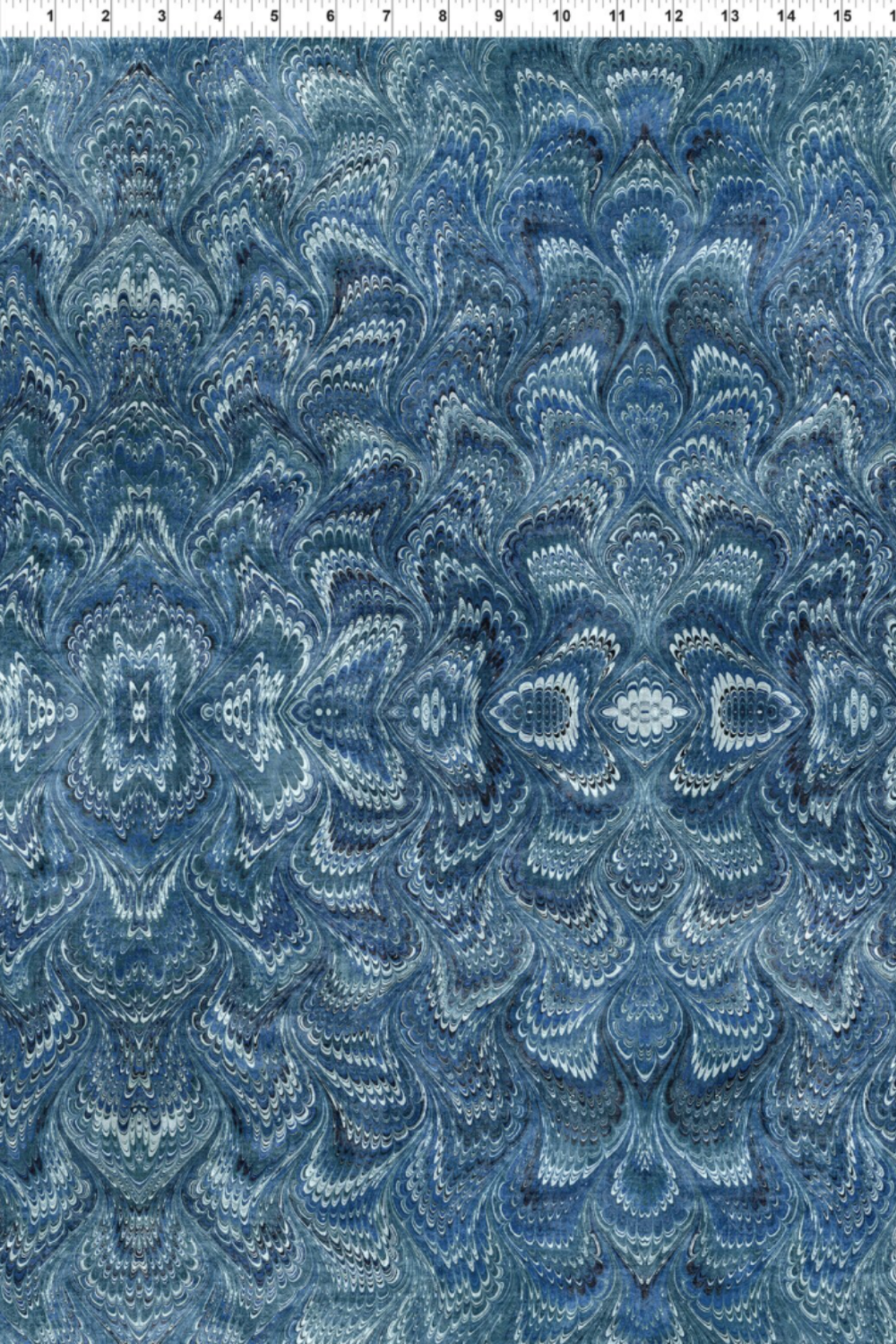 Carpet Bag Romance Blue Marble fabric by Jason Yenter for In The Beginning Fabrics with ruler showing print scale – intricate symmetrical marbled damask with kaleidoscopic feathered medallion in deep steel blue, slate, and navy with shimmering white highlights, 100% cotton, 3 yard cut