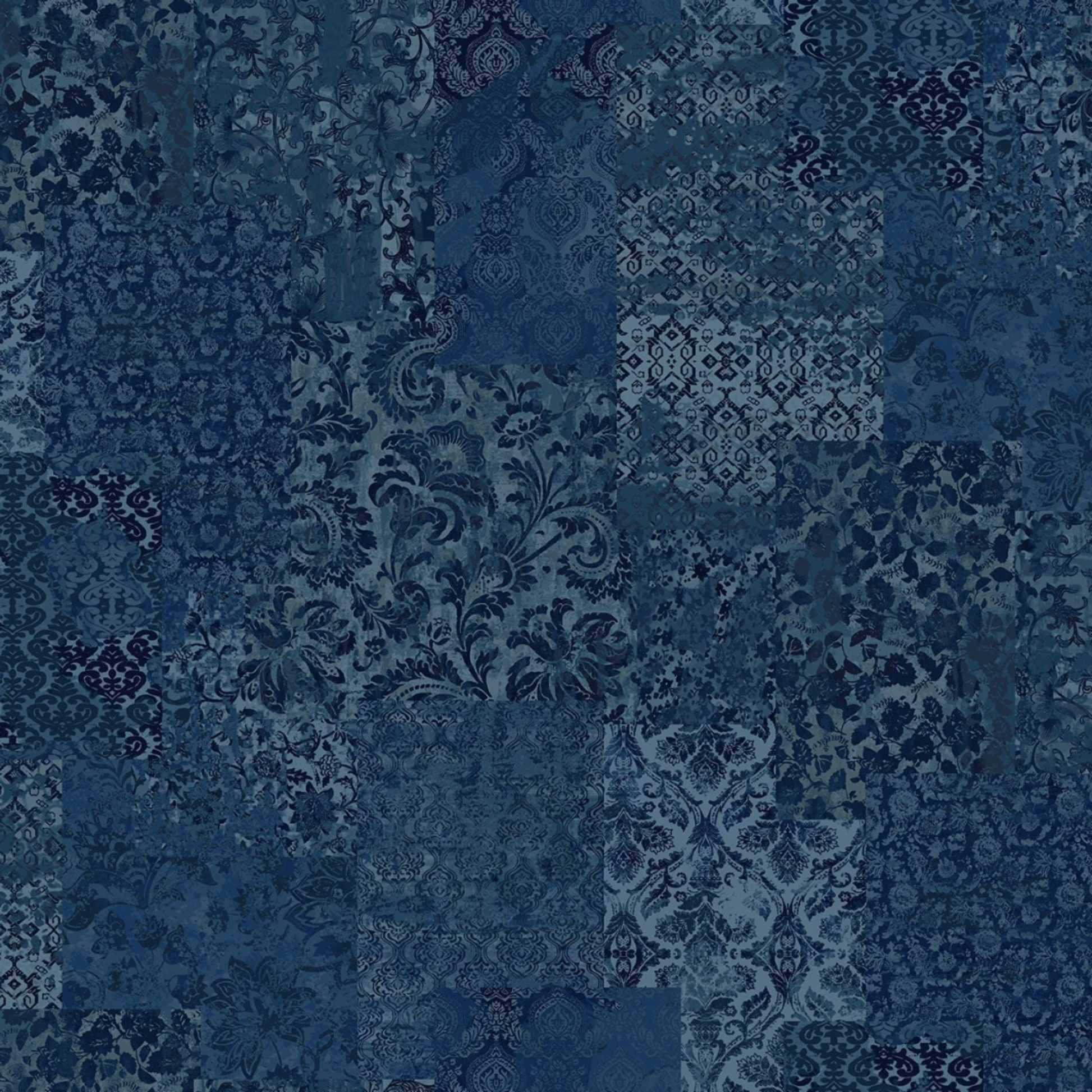 Carpet Bag Romance Blue Brocade quilting cotton fabric showing tonal patchwork of damask, brocade, scrollwork, and medallion motifs – deep navy and steel blue faded-carpet collage by Jason Yenter for In The Beginning Fabrics, 100% cotton, 3 yard cut