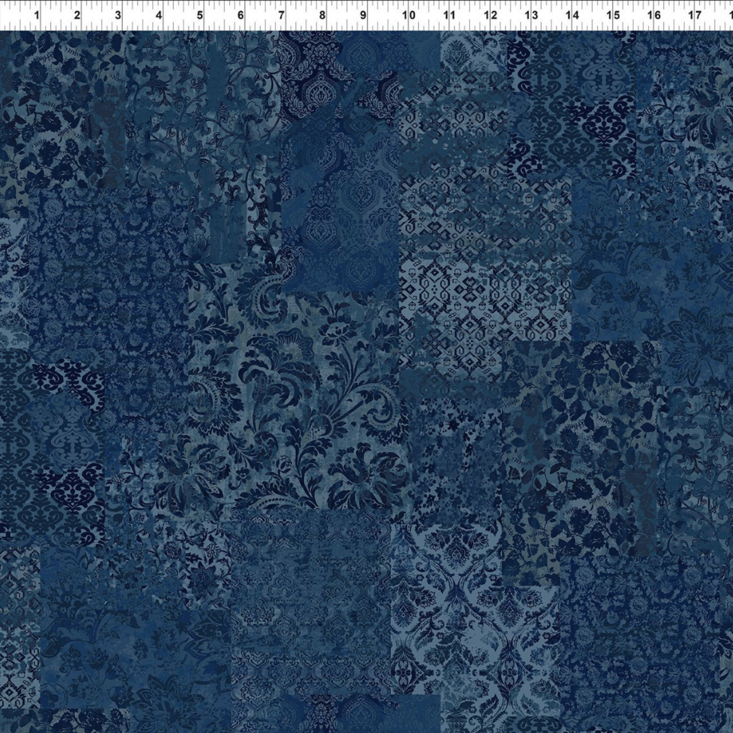 Carpet Bag Romance Blue Brocade quilting cotton fabric with ruler showing scale – tonal patchwork of damask, brocade, and medallion motifs in deep navy and steel blue by Jason Yenter for In The Beginning Fabrics, 100% cotton, 3 yard cut