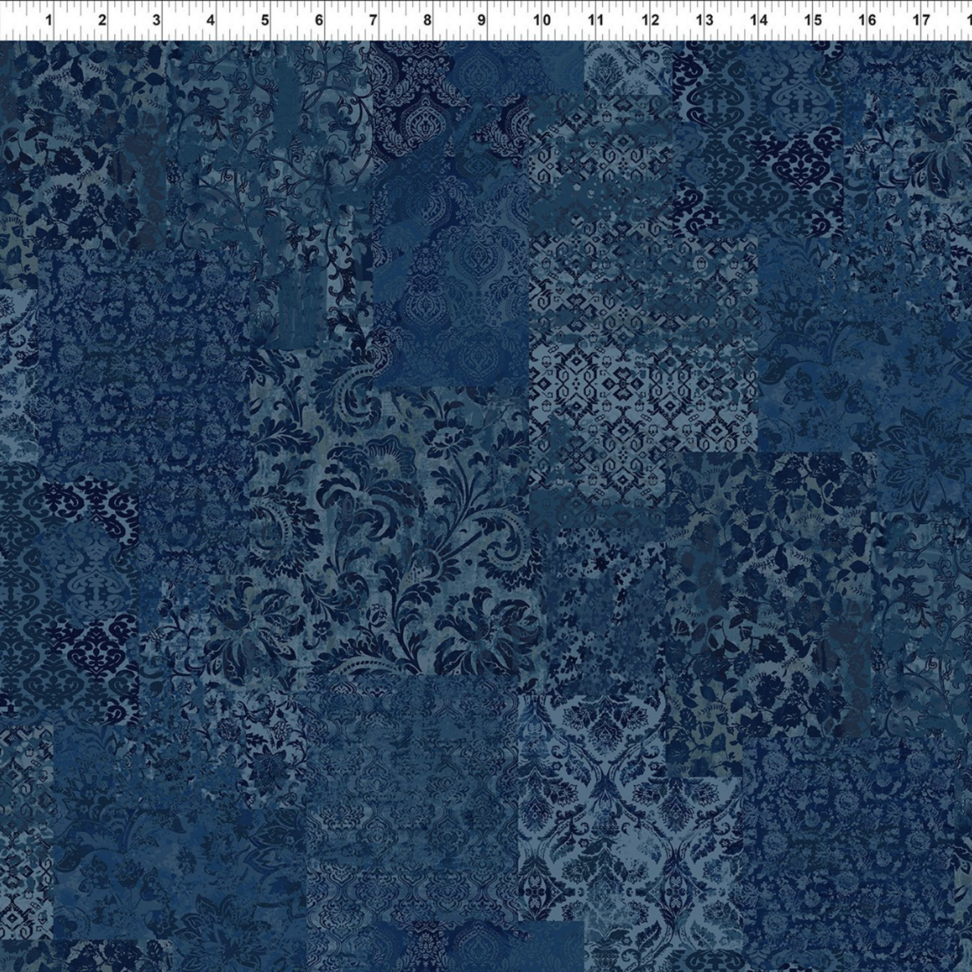 Carpet Bag Romance Blue Brocade quilting cotton fabric with ruler showing scale – tonal patchwork of damask, brocade, and medallion motifs in deep navy and steel blue by Jason Yenter for In The Beginning Fabrics, 100% cotton, 3 yard cut