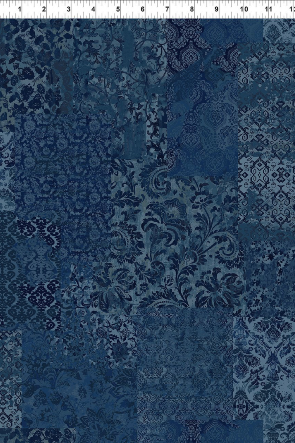 Carpet Bag Romance Blue Brocade fabric by Jason Yenter for In The Beginning Fabrics with ruler showing print scale – tonal patchwork of damask, brocade, scrollwork, and medallion motifs in deep navy and steel blue, 100% cotton, 3 yard cut