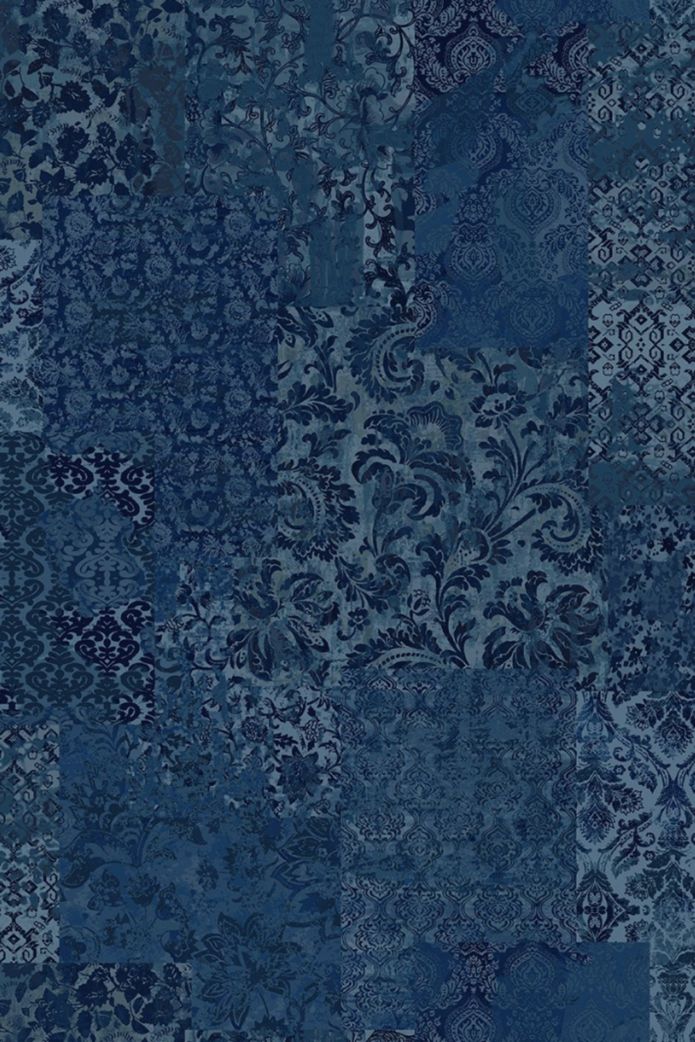 Carpet Bag Romance Blue Brocade fabric by Jason Yenter for In The Beginning Fabrics – rich tonal patchwork of damask, brocade, scrollwork, and medallion motifs in deep navy and steel blue, perfect for vintage and antique-inspired quilt projects, 100% cotton, 3 yard cut