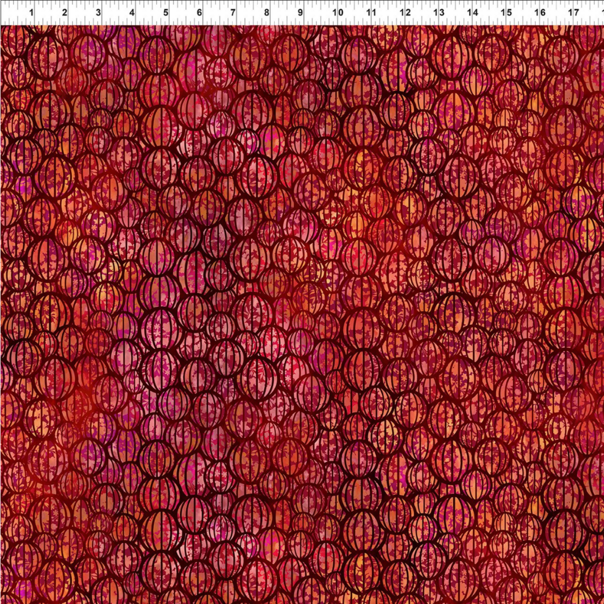 Allure Red Lanterns quilting cotton fabric with ruler showing scale – allover striped oval lantern pattern in jewel-toned crimson, ruby, magenta, and orange on deep burgundy ground by Jason Yenter for In The Beginning Fabrics, 100% cotton, 3 yard cut