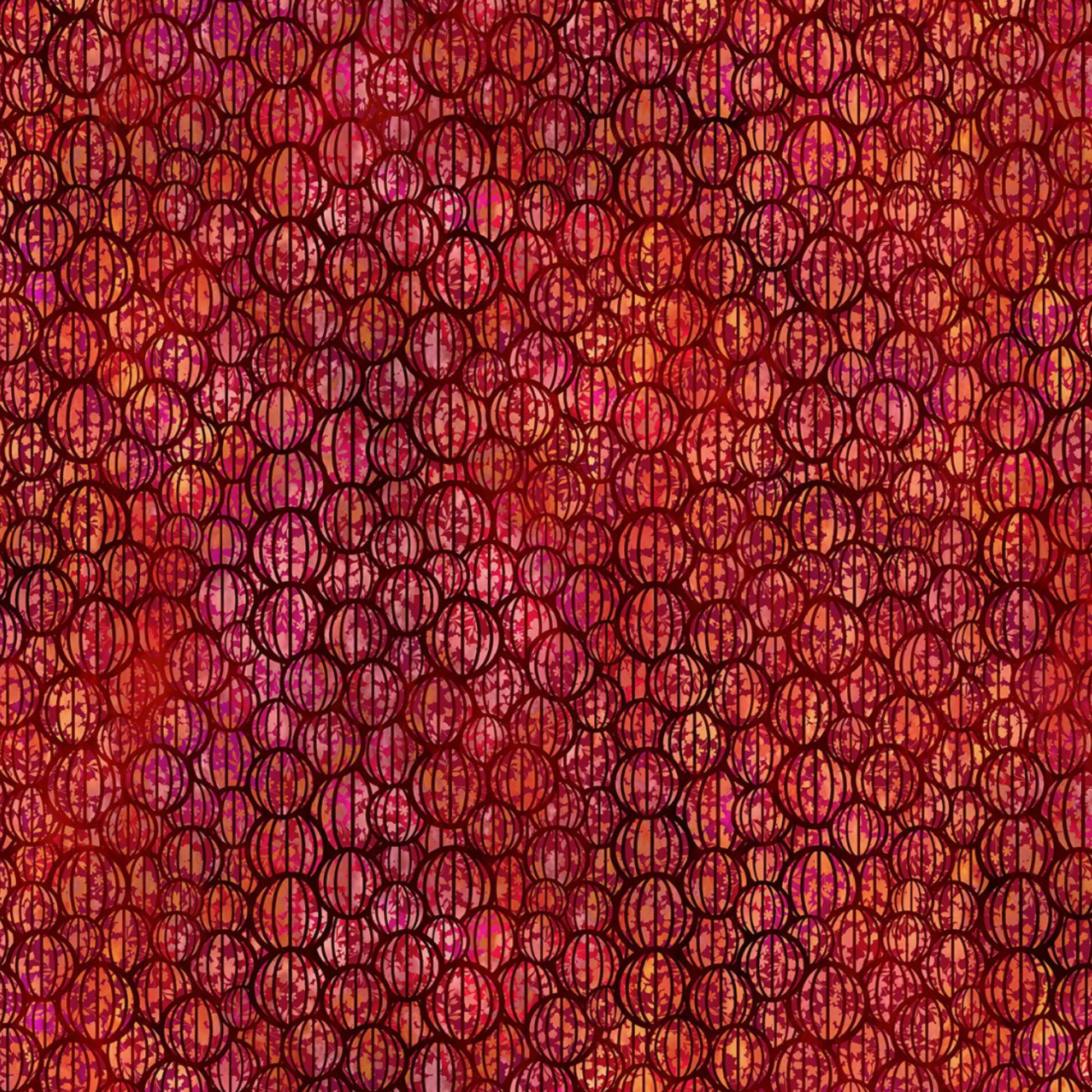 Allure Red Lanterns quilting cotton fabric showing allover striped oval lantern pattern – jewel-toned crimson, ruby, magenta, and orange lanterns with subtle botanical texture on deep burgundy ground by Jason Yenter for In The Beginning Fabrics, 100% cotton, 3 yard cut