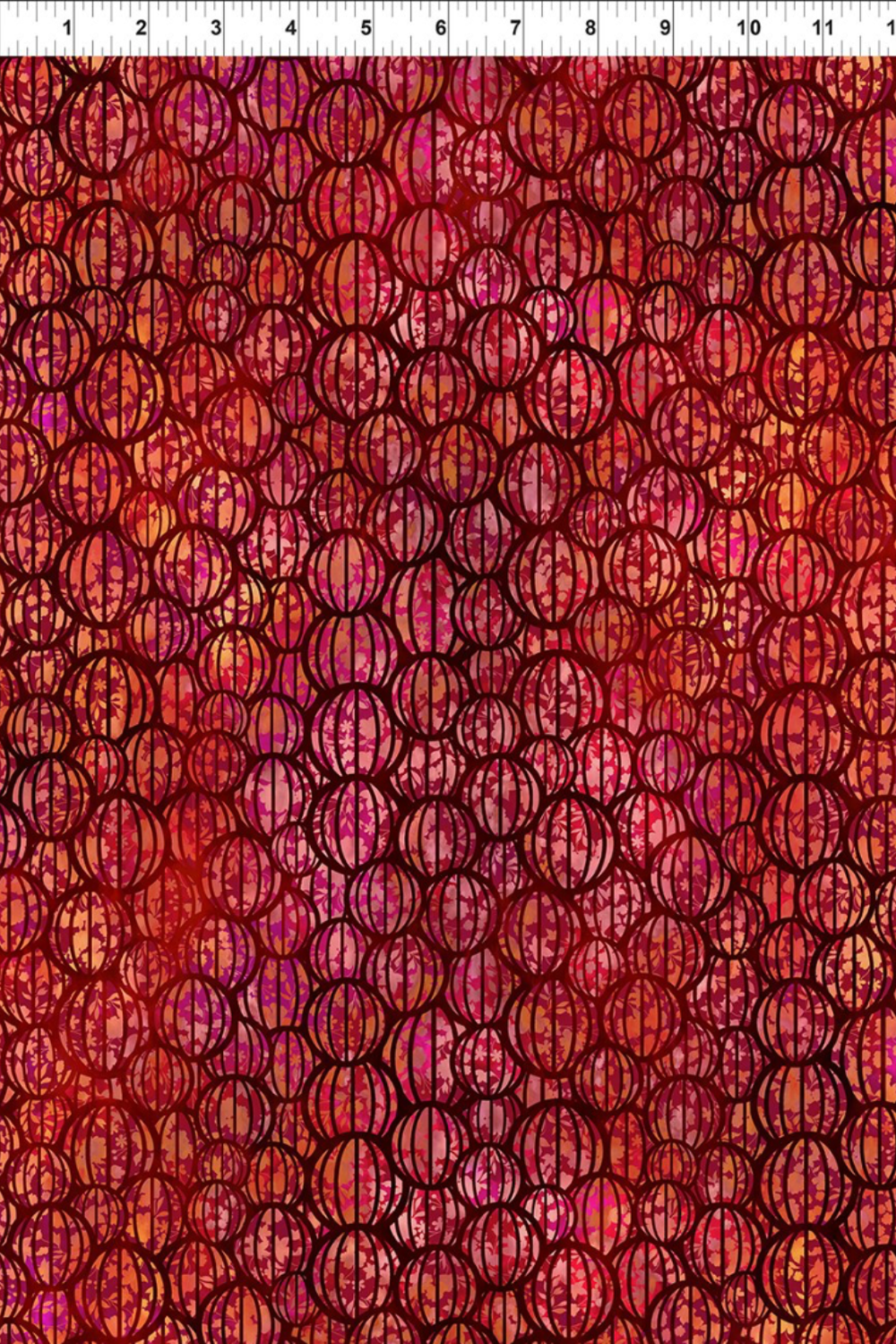 Allure Red Lanterns fabric by Jason Yenter for In The Beginning Fabrics with ruler showing print scale – allover striped oval lantern pattern in rich crimson, ruby, magenta, and orange on deep burgundy ground, 100% cotton, 3 yard cut