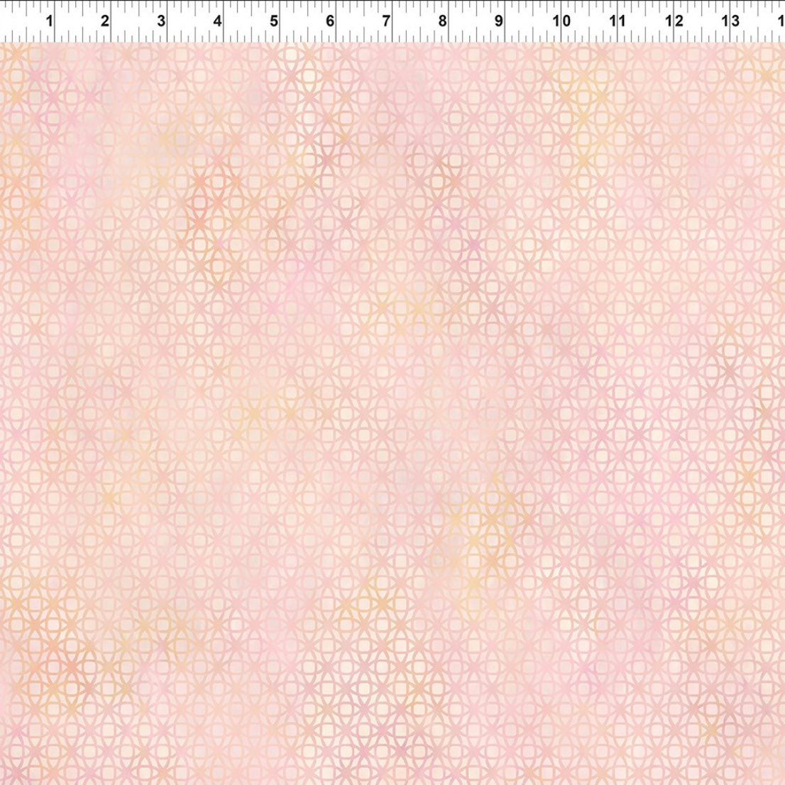 Allure Peach Lattice quilting cotton fabric with ruler showing scale – soft tonal geometric lattice of interlocking star and diamond shapes in blush pink, peach, and cream with watercolor wash variation by Jason Yenter for In The Beginning Fabrics, 100% cotton, 3 yard cut