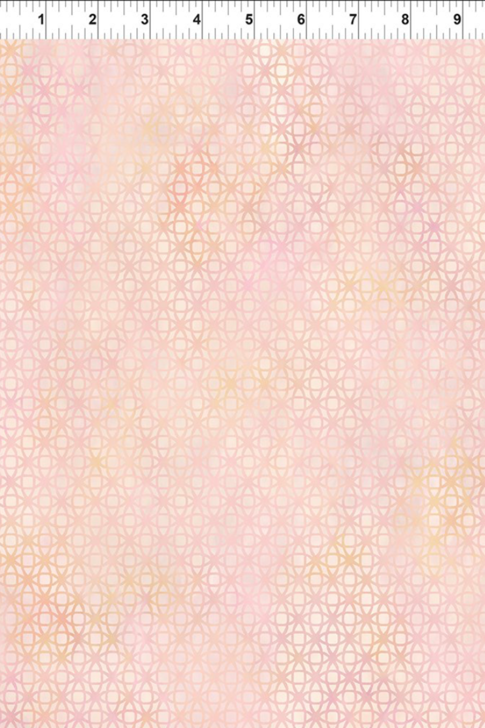 Allure Peach Lattice fabric by Jason Yenter for In The Beginning Fabrics with ruler showing print scale – soft tonal geometric lattice in blush pink, peach, and cream with watercolor wash variation, perfect for feminine and soft-palette quilt projects, 100% cotton, 3 yard cut