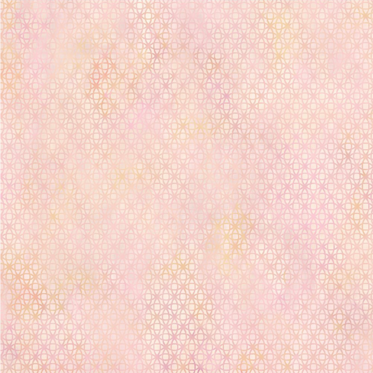 Allure Peach Lattice quilting cotton fabric showing soft tonal geometric lattice – interlocking star and diamond shapes in blush pink, peach, and cream with luminous watercolor wash effect by Jason Yenter for In The Beginning Fabrics, 100% cotton, 3 yard cut