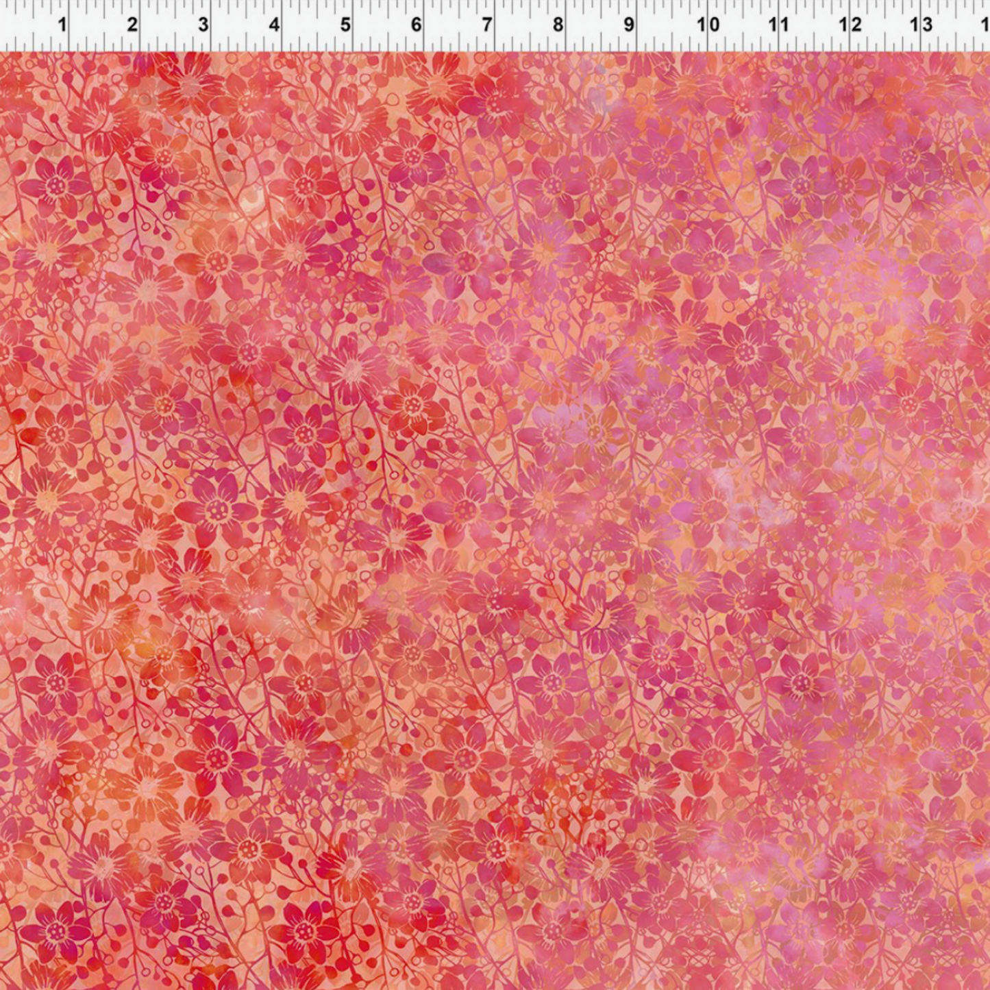 Allure Orange Shadow Flowers quilting cotton fabric with ruler showing scale – allover tonal shadow floral with silhouetted daisies, stems, and berry sprigs in coral, orange, red, magenta, and pink watercolor wash by Jason Yenter for In The Beginning Fabrics, 100% cotton, 3 yard cut