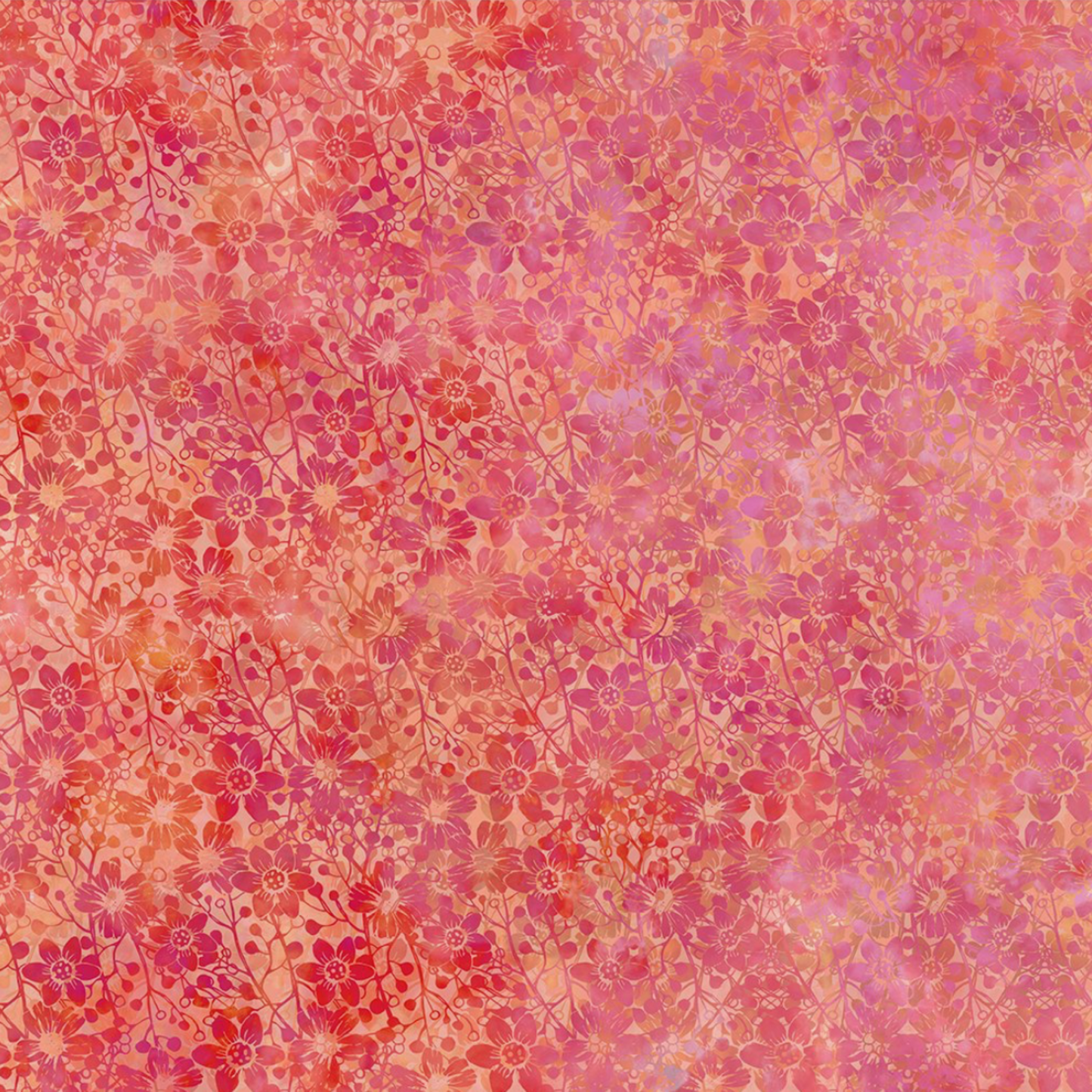 Allure Orange Shadow Flowers quilting cotton fabric showing allover tonal shadow floral – silhouetted daisies, stems, and berry sprigs in vibrant coral, orange, red, magenta, and pink watercolor wash by Jason Yenter for In The Beginning Fabrics, 100% cotton, 3 yard cut