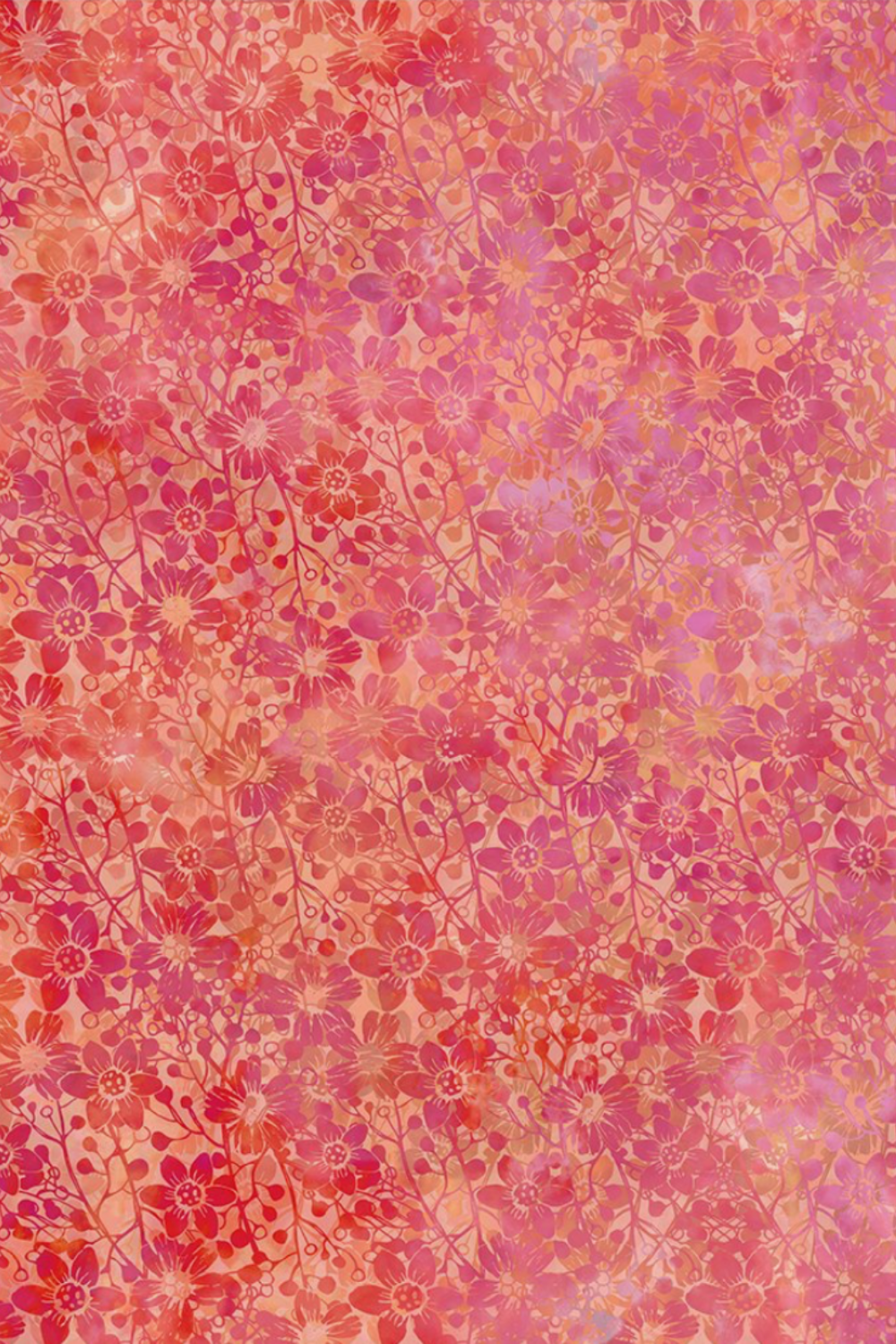 Allure Orange Shadow Flowers fabric by Jason Yenter for In The Beginning Fabrics – allover tonal shadow floral with silhouetted daisies and berry sprigs in vibrant coral, orange, red, magenta, and pink watercolor wash, perfect for bold warm-toned quilt projects, 100% cotton, 3 yard cut