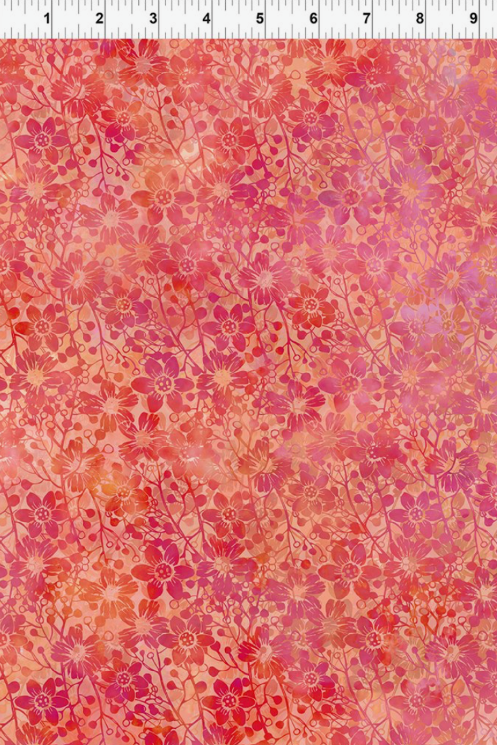 Allure Orange Shadow Flowers fabric by Jason Yenter for In The Beginning Fabrics with ruler showing print scale – allover tonal shadow floral in coral, orange, red, magenta, and pink watercolor wash, perfect for bold warm-toned quilt projects, 100% cotton, 3 yard cut