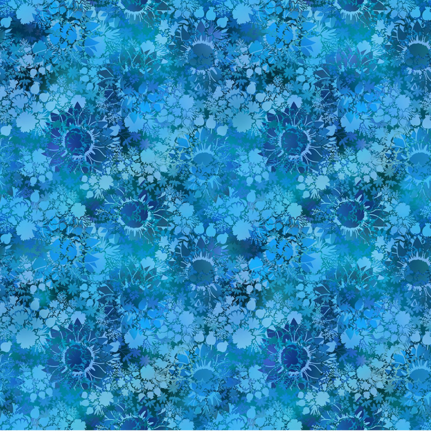 I Dream In Color Sunflower Blue quilting cotton fabric showing allover tonal shadow floral – silhouetted sunflowers, daisy clusters, berry sprigs, and leaves in vibrant cobalt, cerulean, teal, and deep navy watercolor wash by Jason Yenter for In The Beginning Fabrics, 100% cotton, 3 yard cut