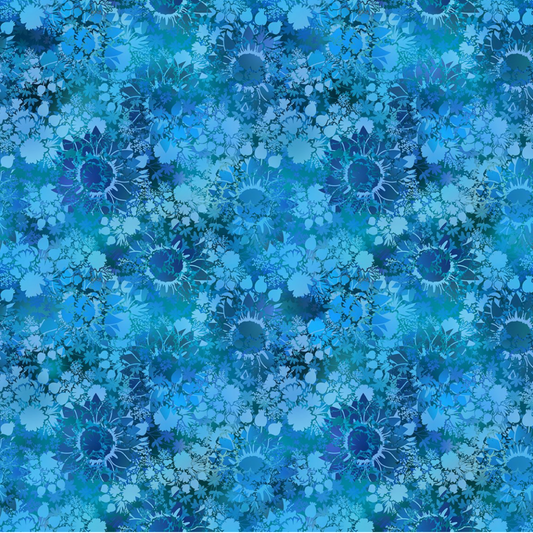 I Dream In Color Sunflower Blue quilting cotton fabric showing allover tonal shadow floral – silhouetted sunflowers, daisy clusters, berry sprigs, and leaves in vibrant cobalt, cerulean, teal, and deep navy watercolor wash by Jason Yenter for In The Beginning Fabrics, 100% cotton, 3 yard cut