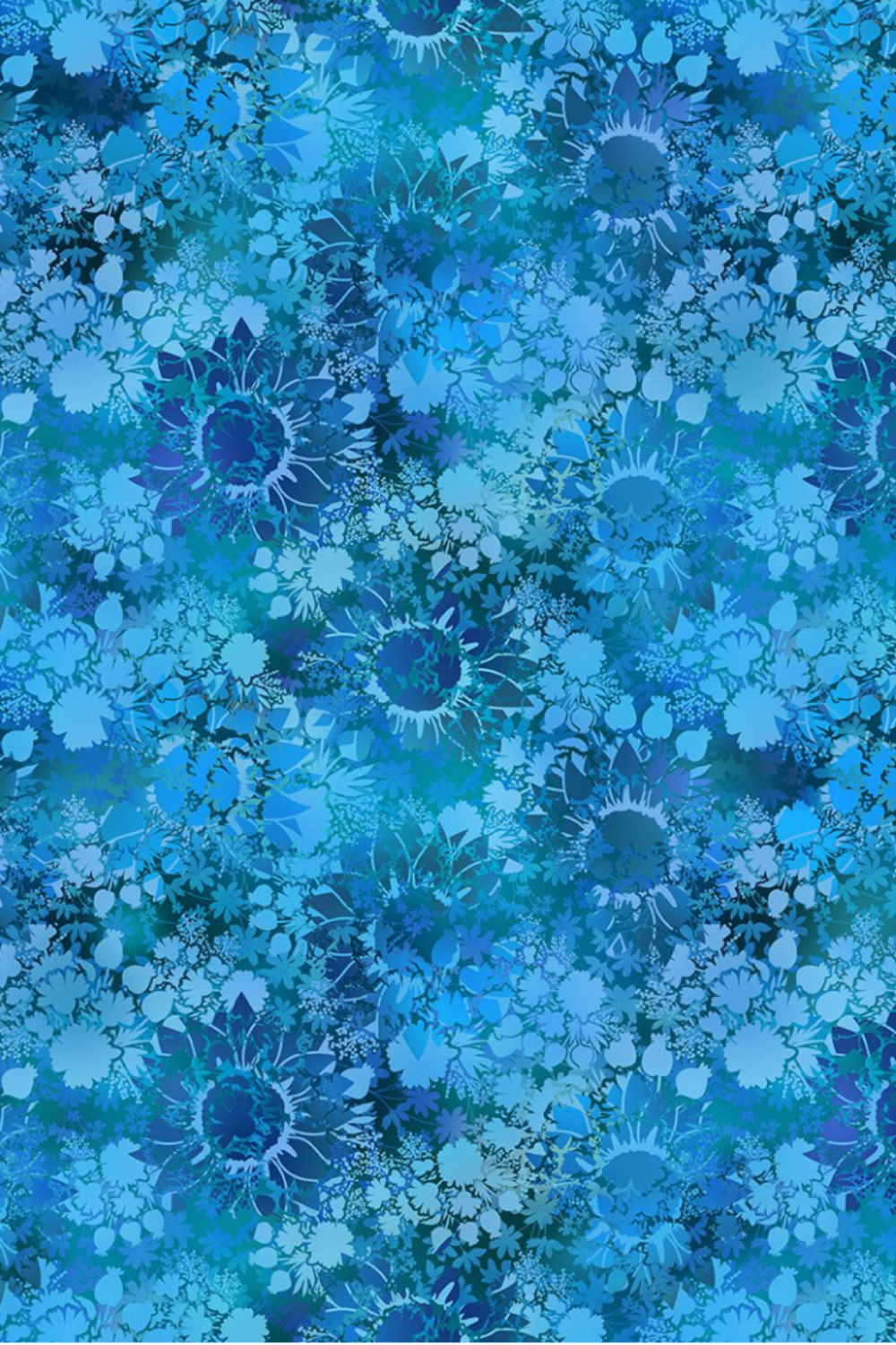 I Dream In Color Sunflower Blue fabric by Jason Yenter for In The Beginning Fabrics – allover tonal shadow floral with silhouetted sunflowers, daisy clusters, and berry sprigs in vibrant cobalt, cerulean, teal, and navy watercolor wash, perfect for bold blue-palette quilt projects, 100% cotton, 3 yard cut