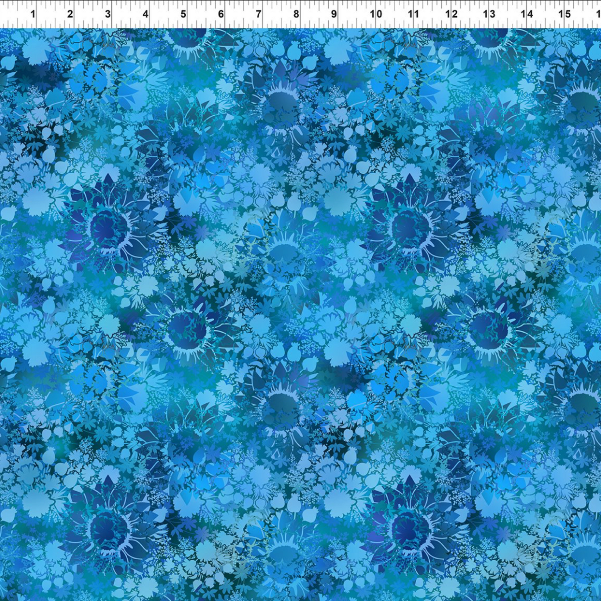 I Dream In Color Sunflower Blue quilting cotton fabric with ruler showing print scale – allover tonal shadow floral with silhouetted sunflowers and daisy clusters in cobalt, cerulean, teal, and deep navy watercolor wash by Jason Yenter for In The Beginning Fabrics, 100% cotton, 3 yard cut