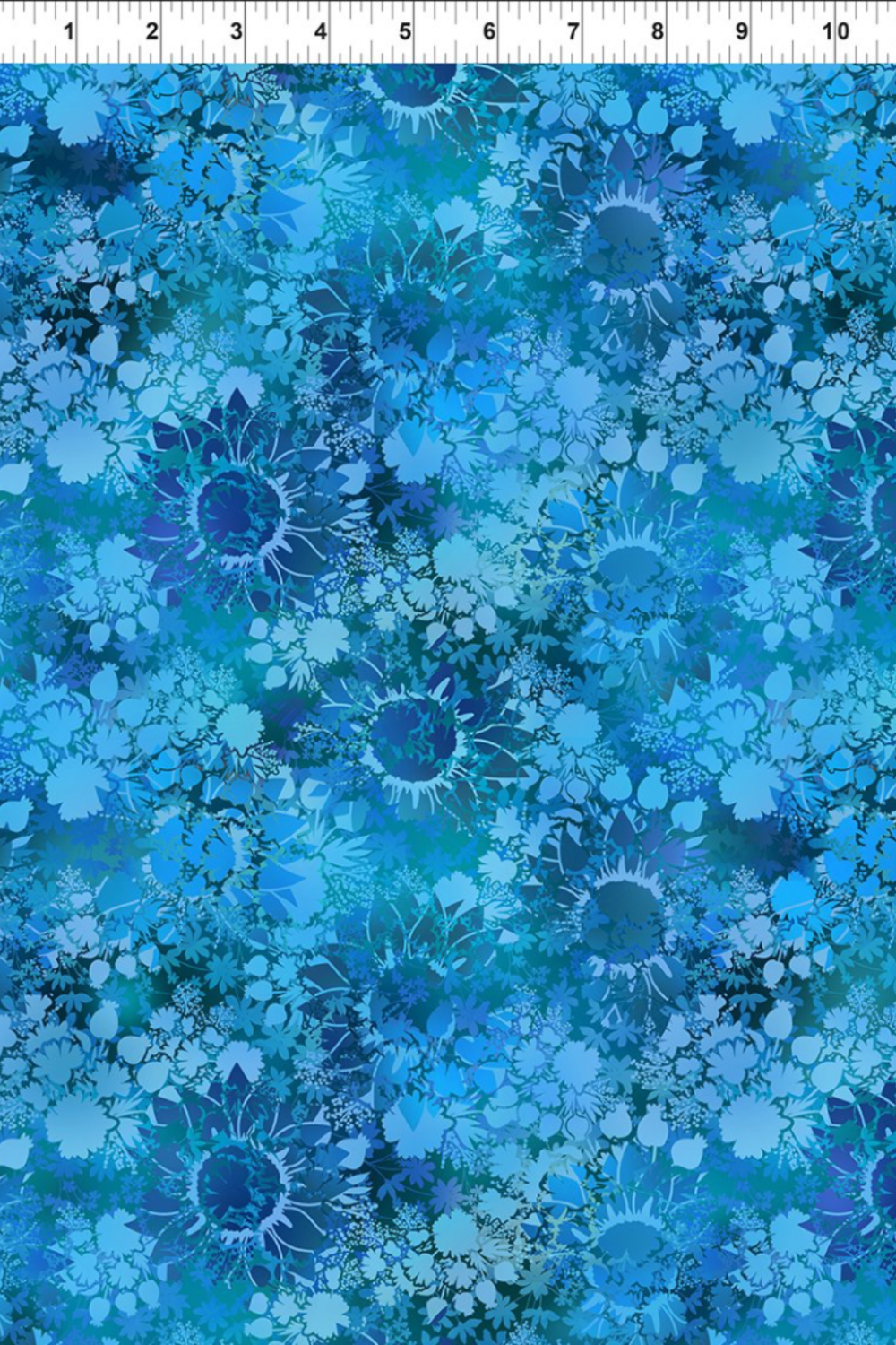 I Dream In Color Sunflower Blue fabric by Jason Yenter for In The Beginning Fabrics with ruler showing print scale – allover tonal shadow floral in cobalt, cerulean, teal, and deep navy watercolor wash, perfect for bold blue-palette quilt projects, 100% cotton, 3 yard cut
