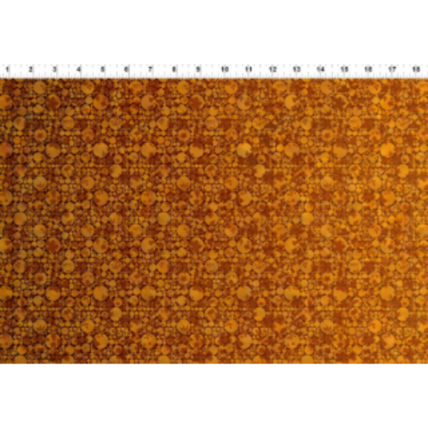 I Dream In Color Gold Ombre quilting cotton fabric with ruler showing scale – allover ombre bubble dot pattern shifting from bright golden yellow through warm amber and orange to deep burgundy-brown by Jason Yenter for In The Beginning Fabrics, 100% cotton, 3 yard cut