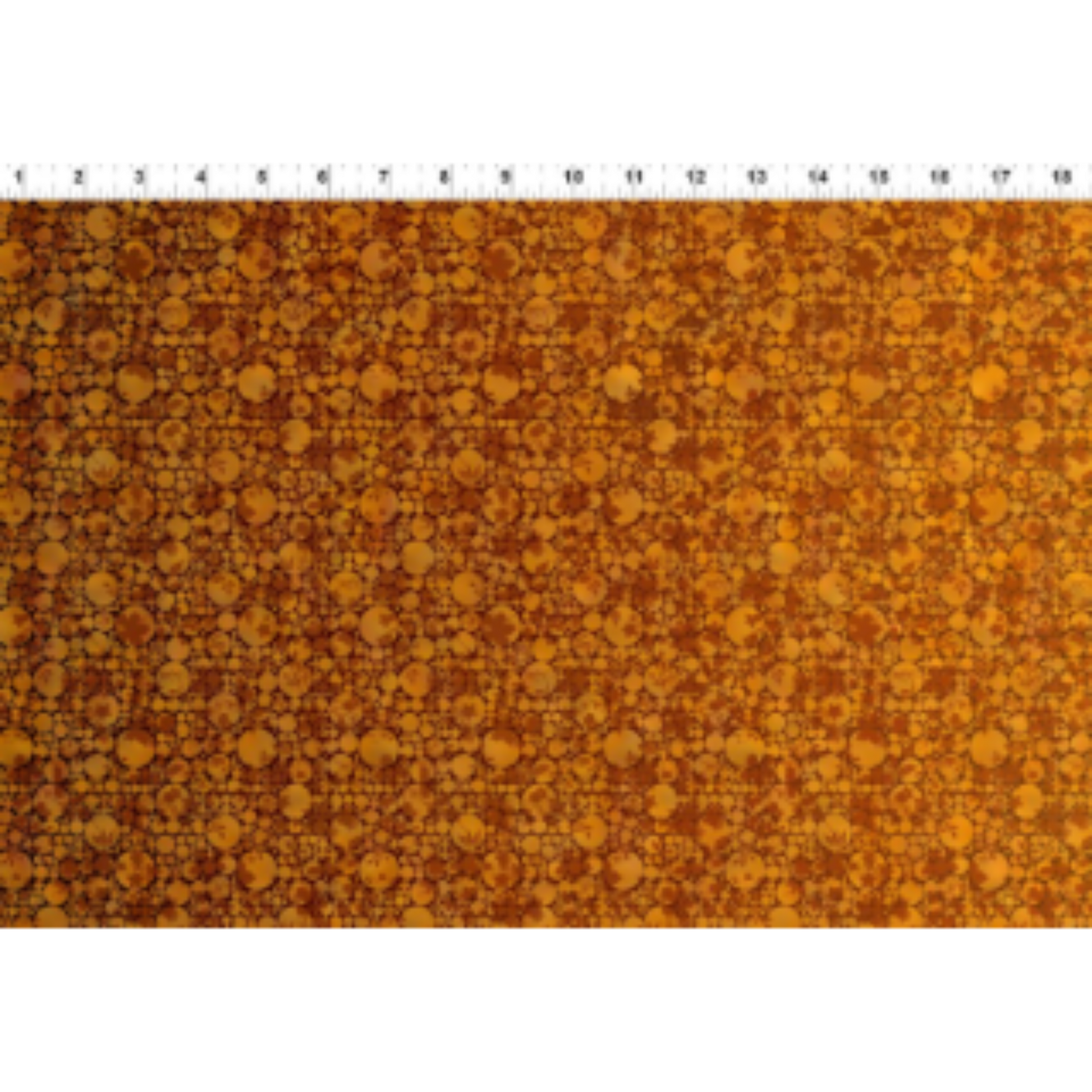 I Dream In Color Gold Ombre quilting cotton fabric with ruler showing scale – allover ombre bubble dot pattern shifting from bright golden yellow through warm amber and orange to deep burgundy-brown by Jason Yenter for In The Beginning Fabrics, 100% cotton, 3 yard cut