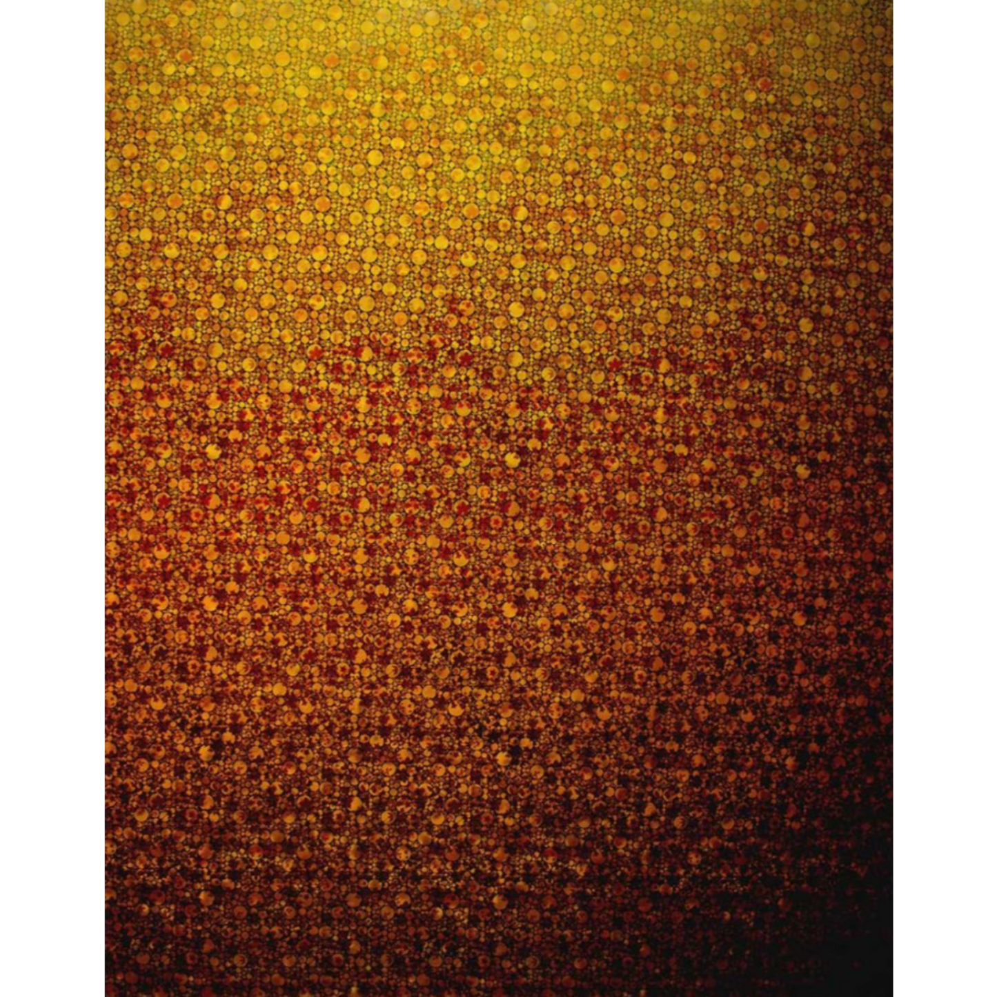 I Dream In Color Gold Ombre quilting cotton fabric showing full ombre gradient – allover bubble dot pattern in bright golden yellow fading through warm amber and orange to deep burgundy-brown by Jason Yenter for In The Beginning Fabrics, 100% cotton, 3 yard cut