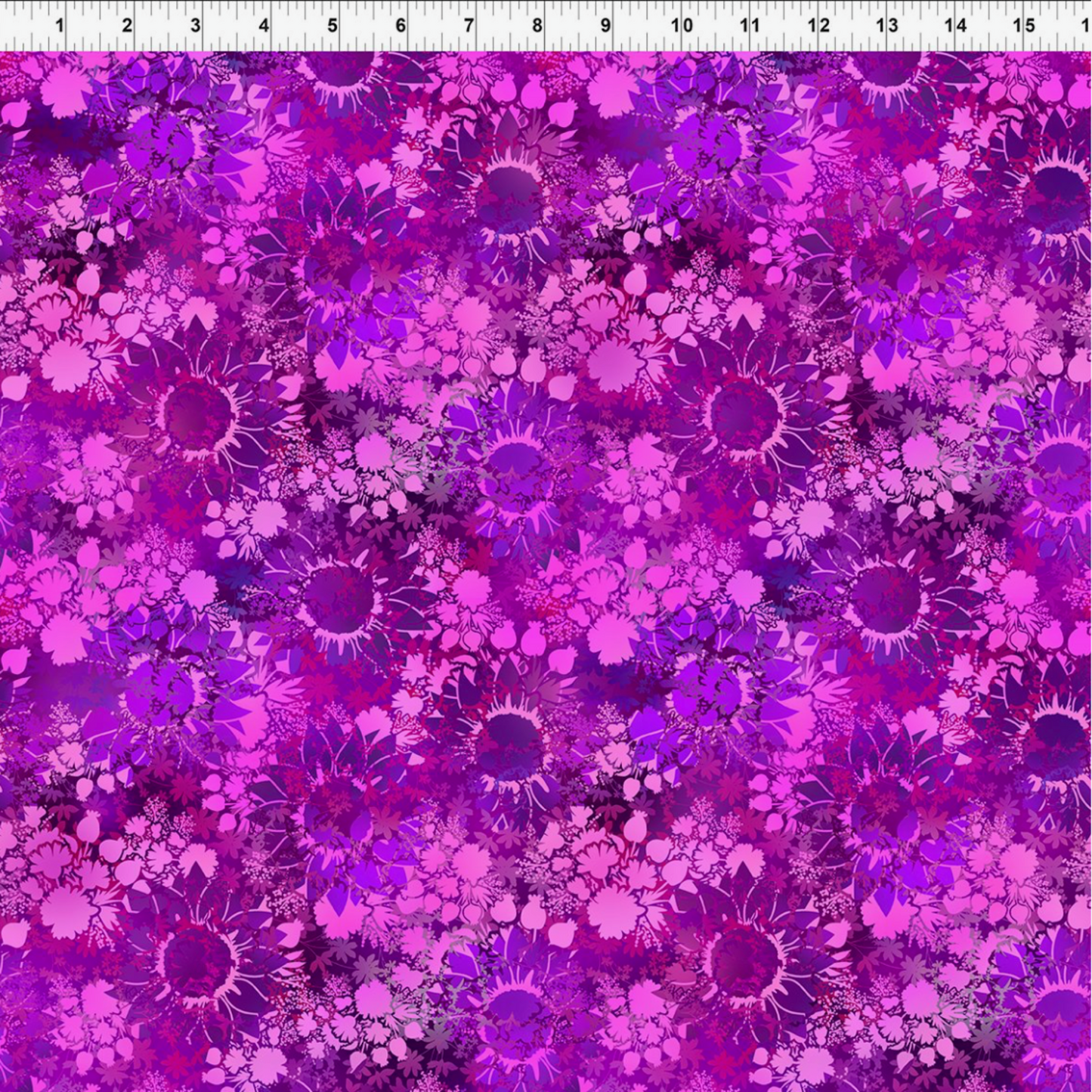 I Dream In Color Sunflower Magenta quilting cotton fabric with ruler showing print scale – dense allover tonal shadow floral with silhouetted sunflowers and daisy clusters in magenta, hot pink, fuchsia, and deep purple watercolor wash by Jason Yenter for In The Beginning Fabrics, 100% cotton, 3 yard cut