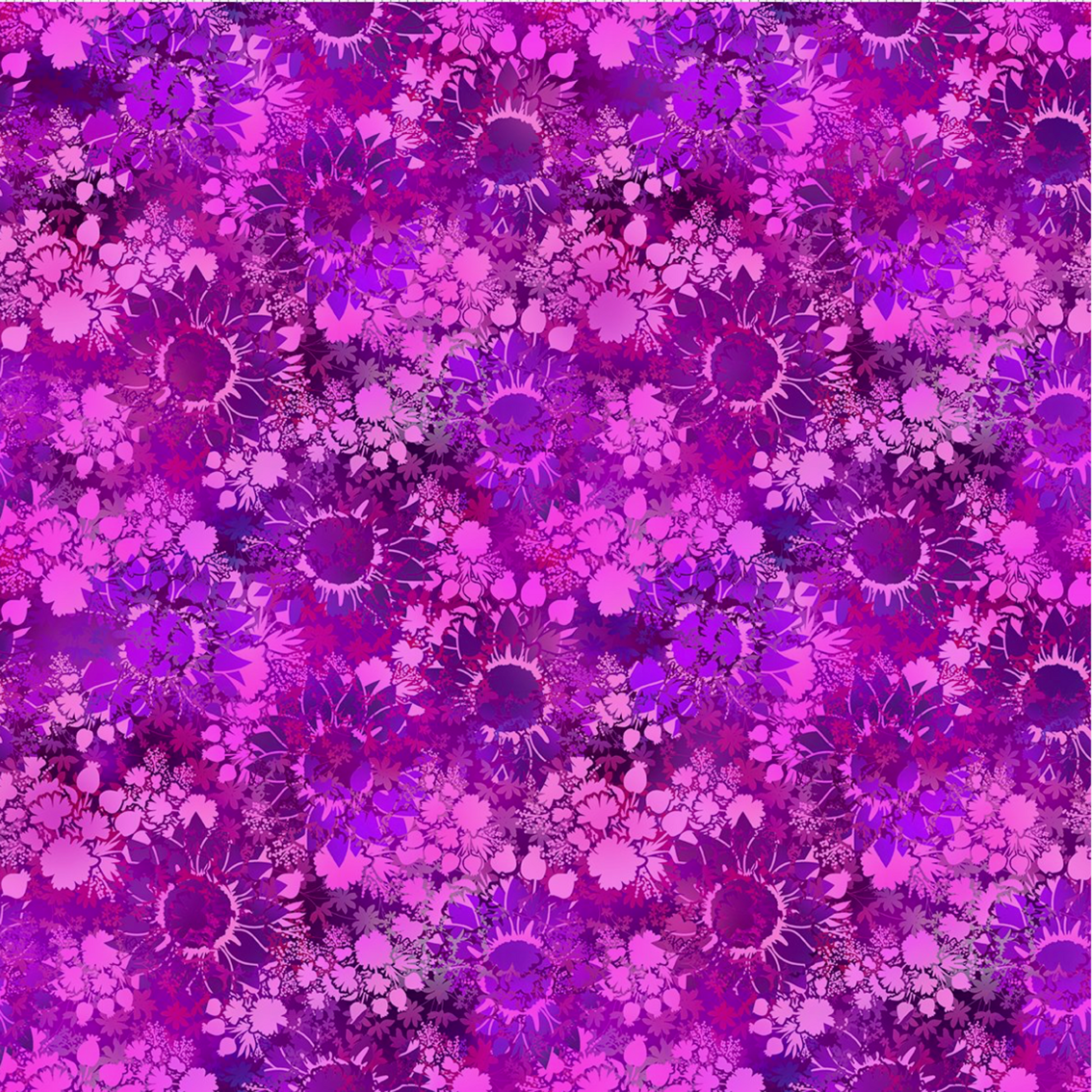 I Dream In Color Sunflower Magenta quilting cotton fabric showing dense allover tonal shadow floral – silhouetted sunflowers, daisy clusters, berry sprigs, and leaves in vibrant magenta, hot pink, fuchsia, and deep purple watercolor wash by Jason Yenter for In The Beginning Fabrics, 100% cotton, 3 yard cut