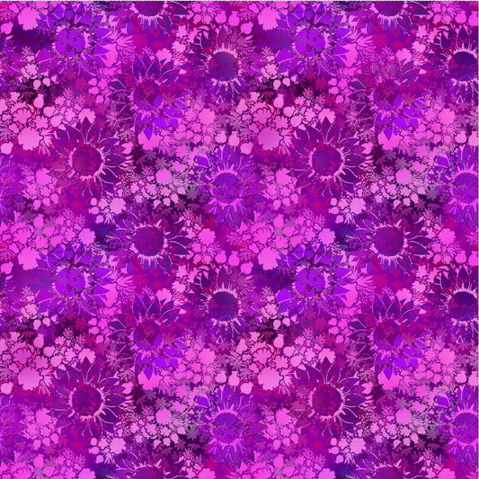 I Dream In Color Sunflower Magenta quilting cotton fabric showing dense allover tonal shadow floral – silhouetted sunflowers, daisy clusters, berry sprigs, and leaves in vibrant magenta, hot pink, fuchsia, and deep purple watercolor wash by Jason Yenter for In The Beginning Fabrics, 100% cotton, 3 yard cut